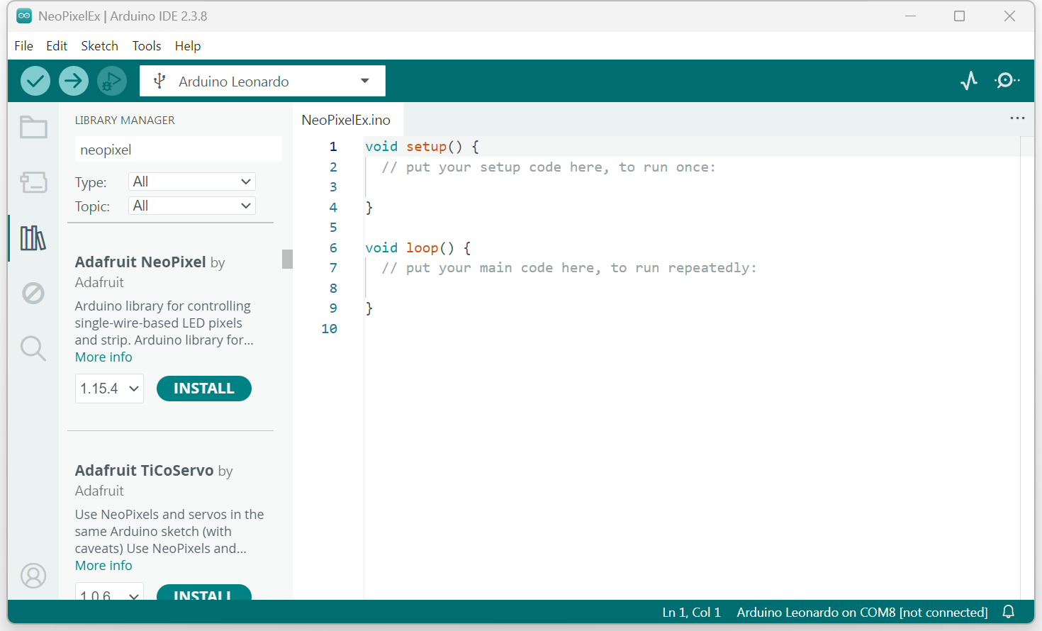 A screenshot of the Arduino IDE searching for the neopixel library and installing