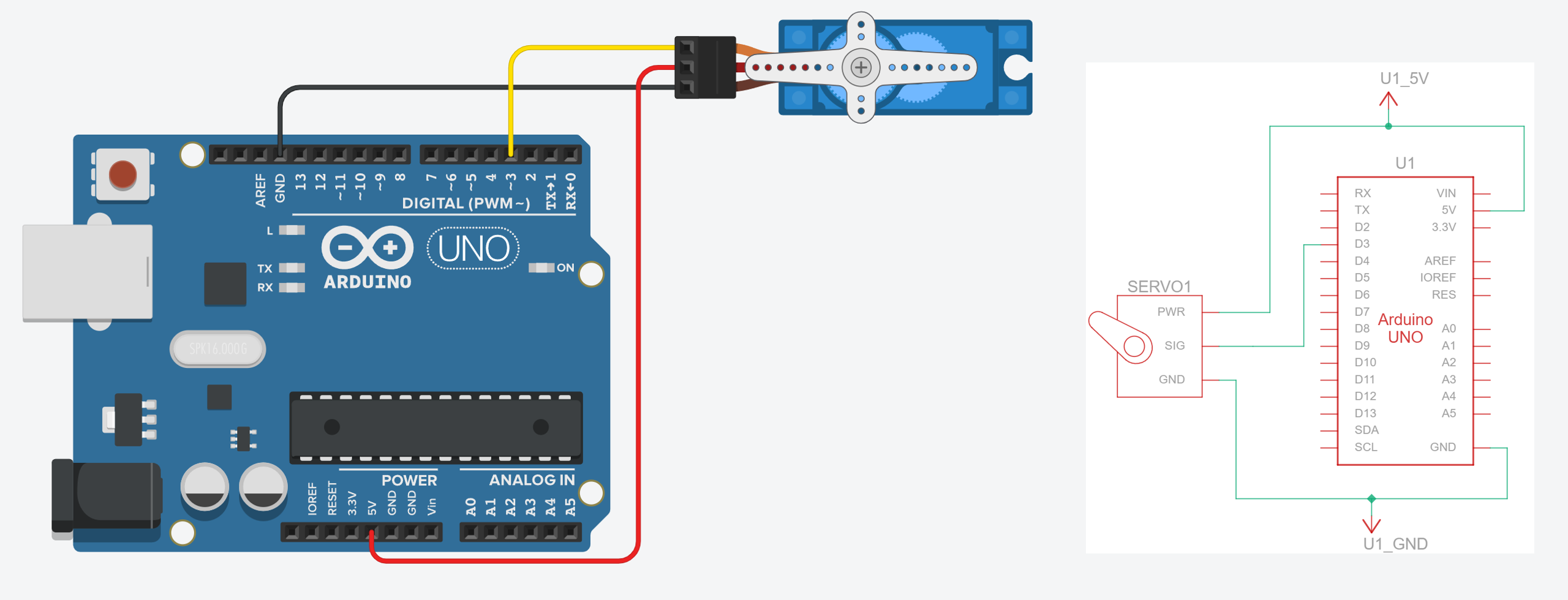 Wiring diagram showing an SG90 servo connected to an Arduino Uno with three wires: orange signal wire to Pin 3, red power wire to 5V, and brown ground wire to GND