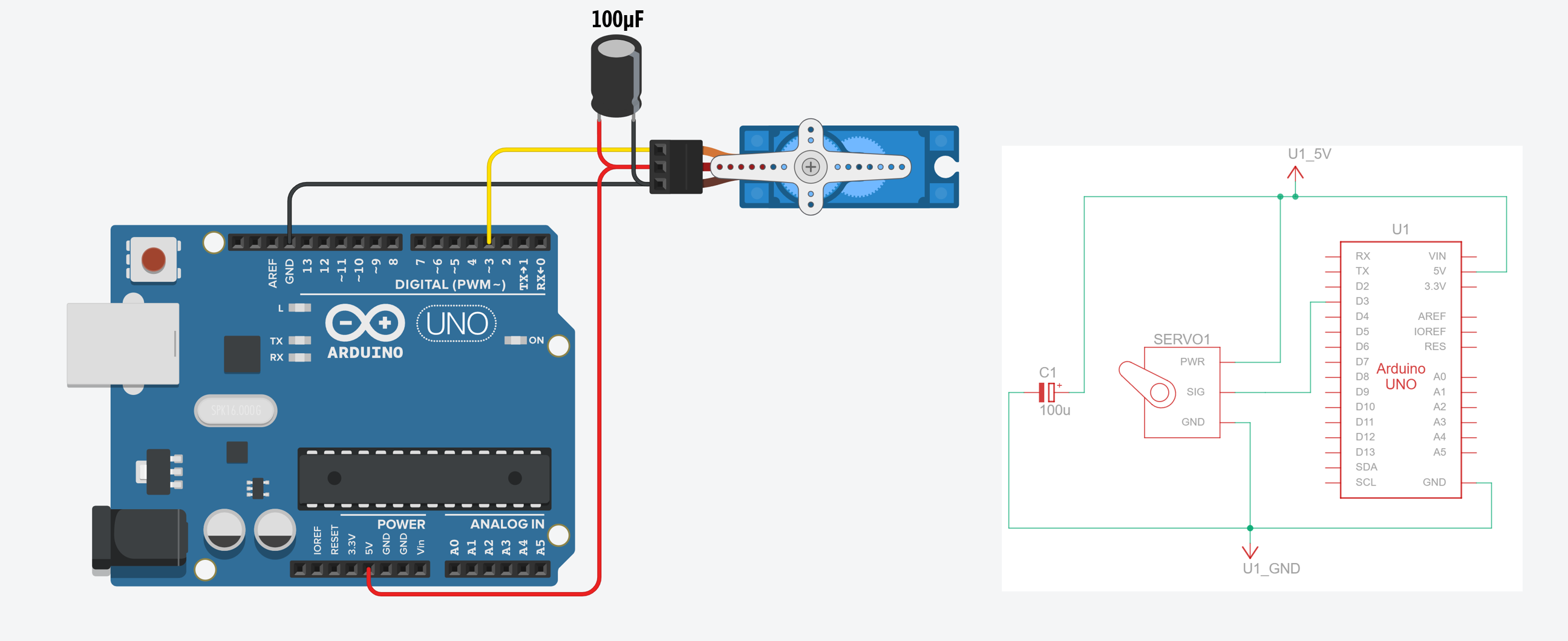 Wiring diagram version with decoupling capacitor showing an SG90 servo connected to an Arduino Uno with three wires: orange signal wire to Pin 3, red power wire to 5V, and brown ground wire to GND. There is a 100µF decoupling capacitor added across the V+ and GND terminals of the servo