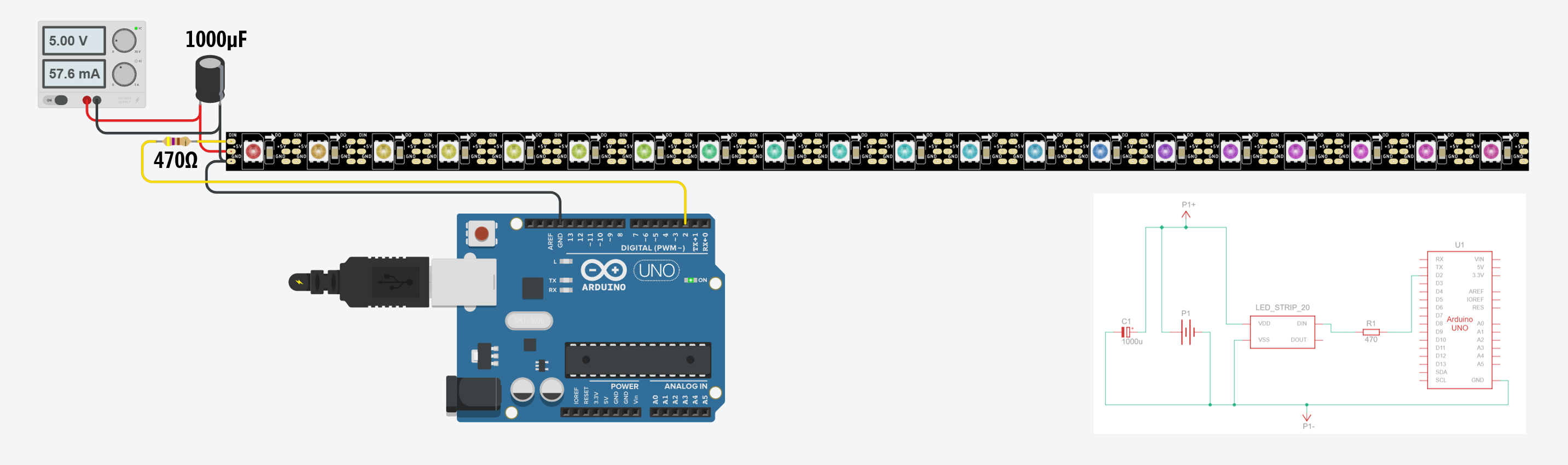 Wiring diagram showing an LED strip powered by an external 5V supply with a shared ground connection to the Arduino, a 1000µF capacitor across the power supply, and the data line connected from Pin 2 through a resistor