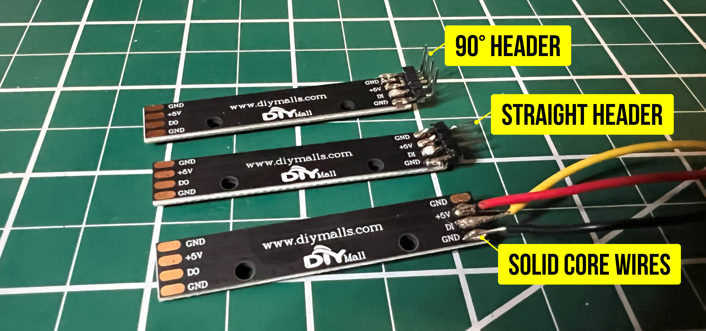 An annotated image showing three different soldering options: a 90-degree header, a straight header, and some jumper wires