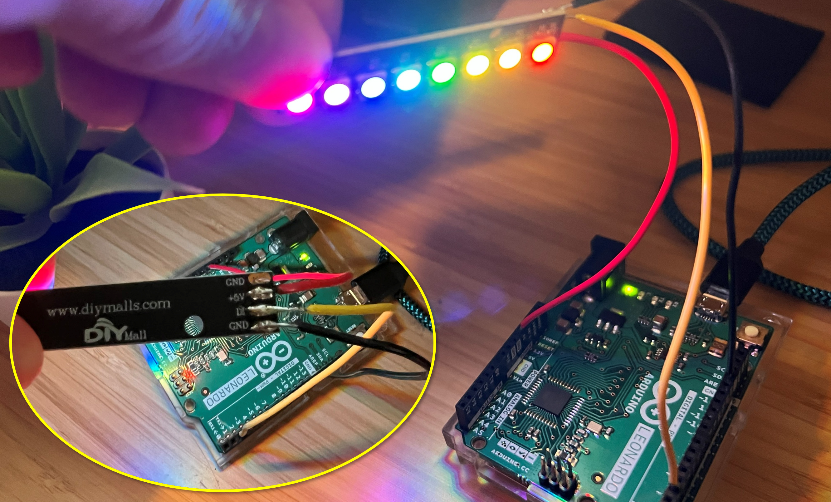 An example fully soldered RGB LED stick with jumper wire hooked up to the Arduino
