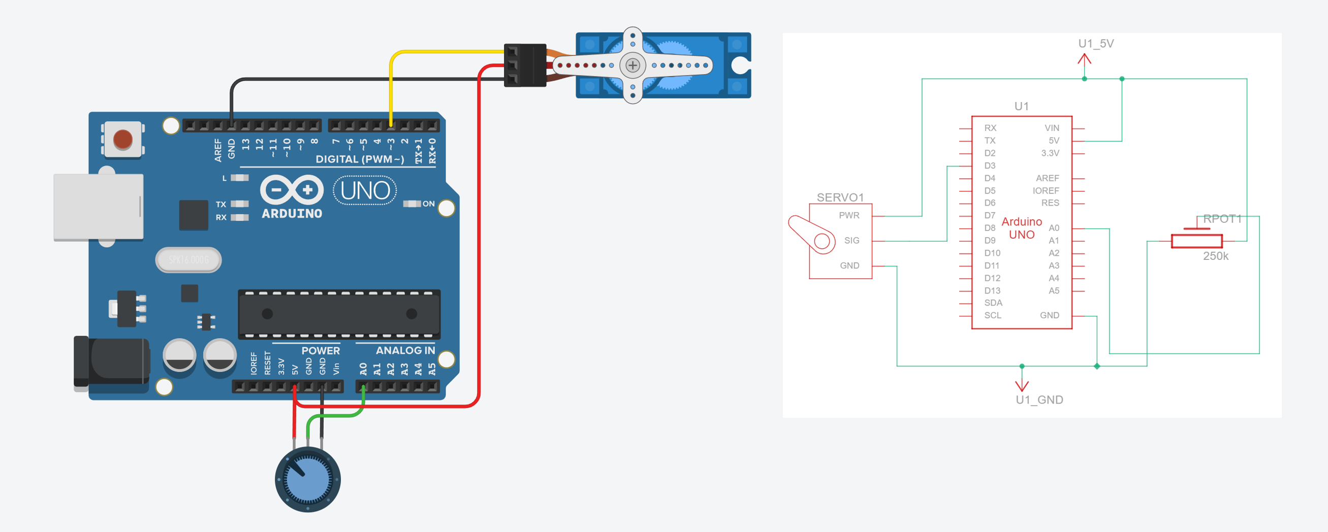Wiring diagram showing an SG90 servo and a potentiometer connected to an Arduino Uno in Tinkercad
