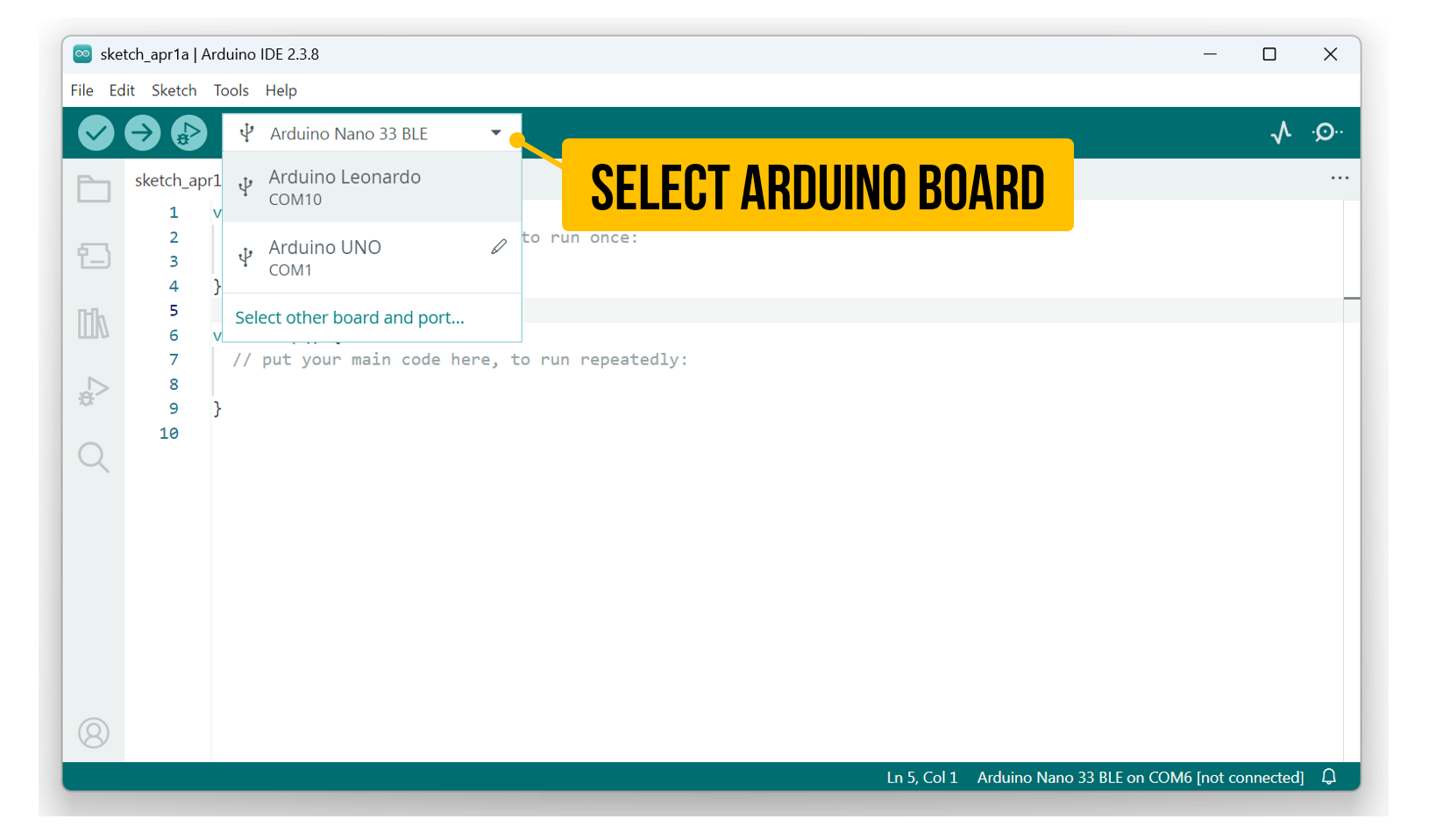 Screenshot showing how to select your Arduino board in the Arduino IDE 2
