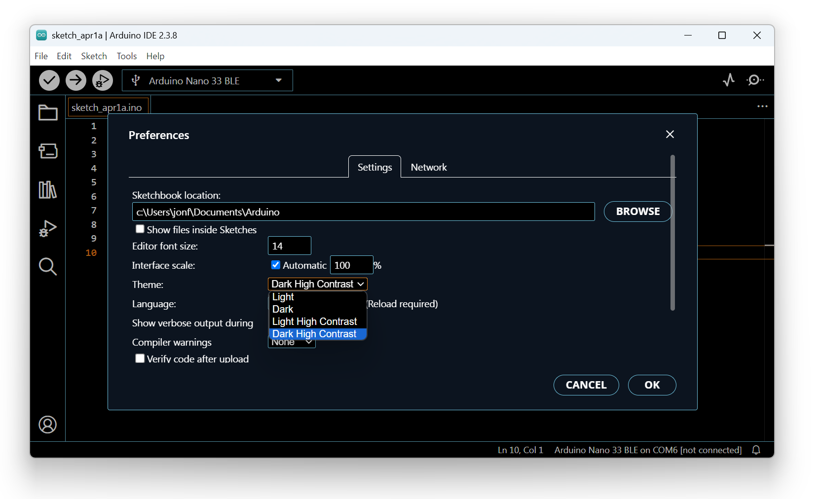 Screenshot of Arduino IDE 2 Preferences showing theme options