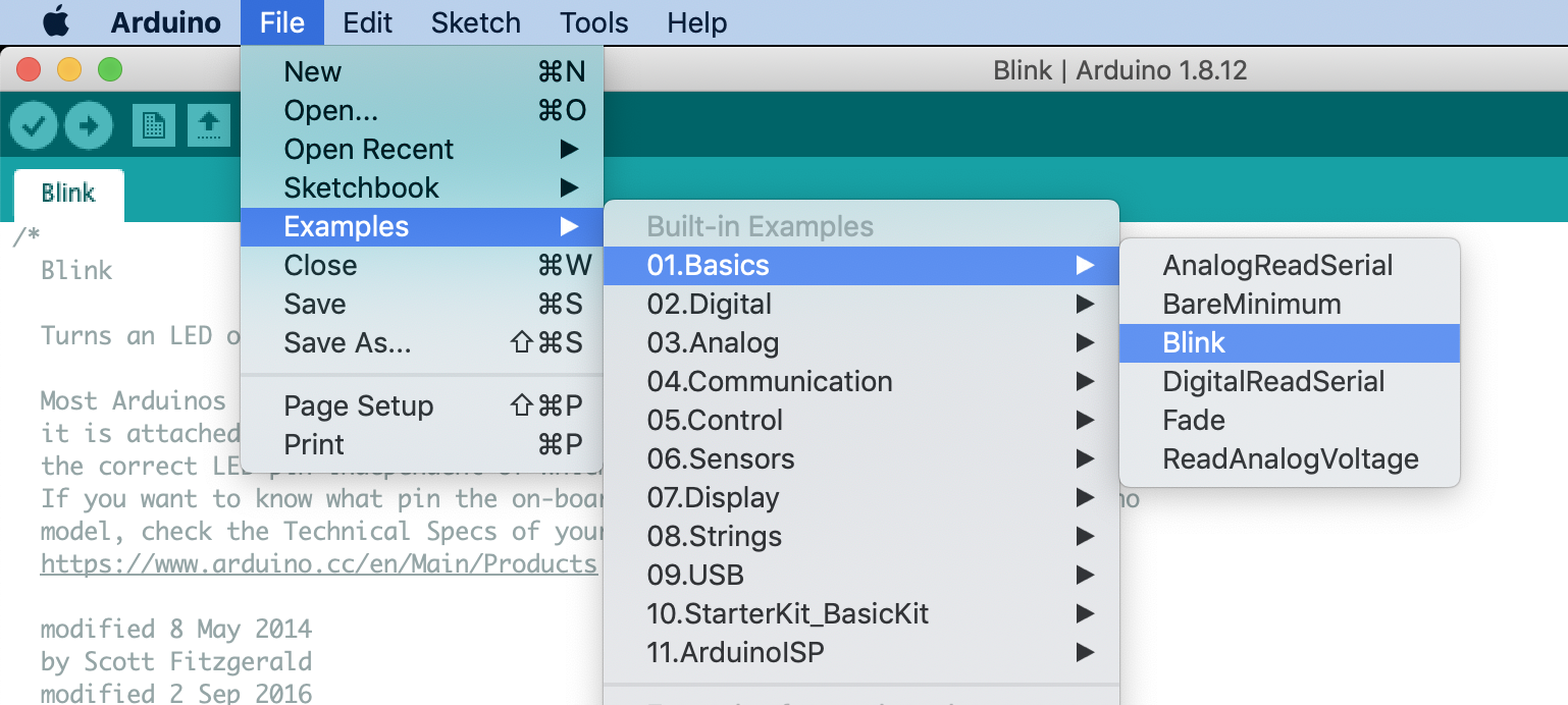Screenshot of accessing the official Blink example directly from the Arduino IDE
