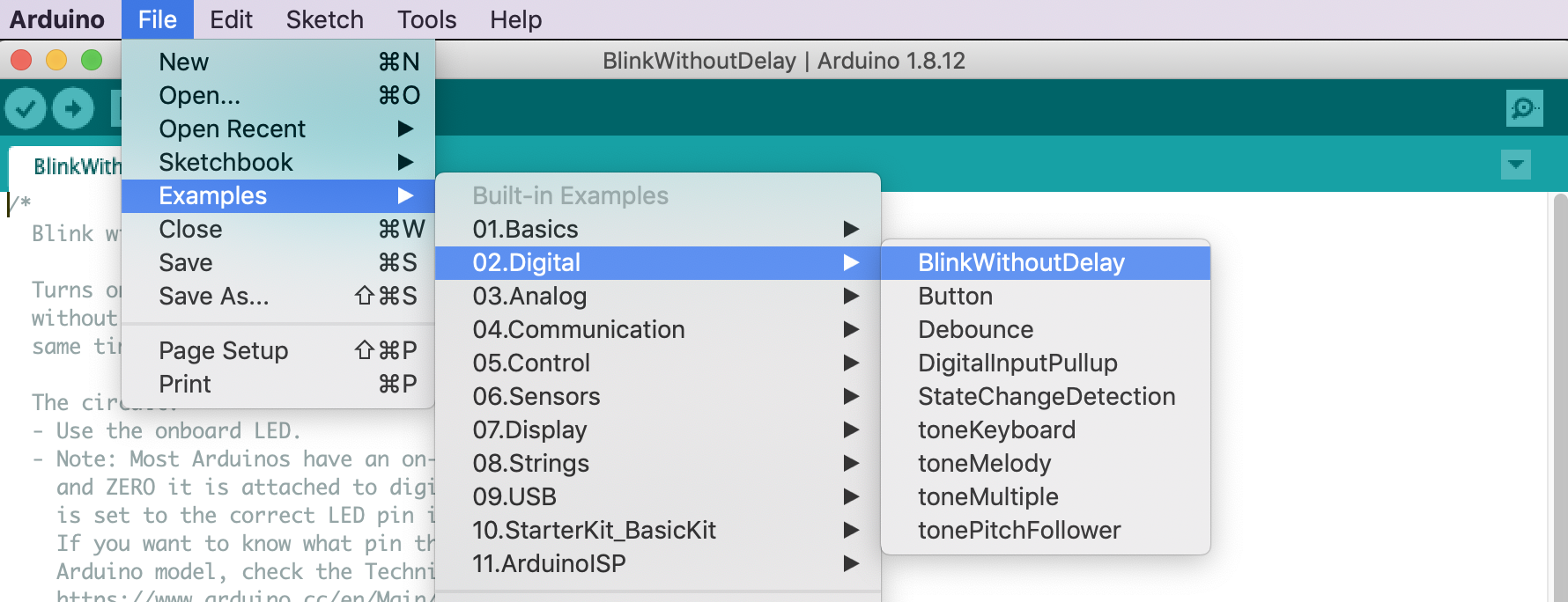 Screenshot of accessing the official BlinkWithoutDelay example directly from the Arduino IDE