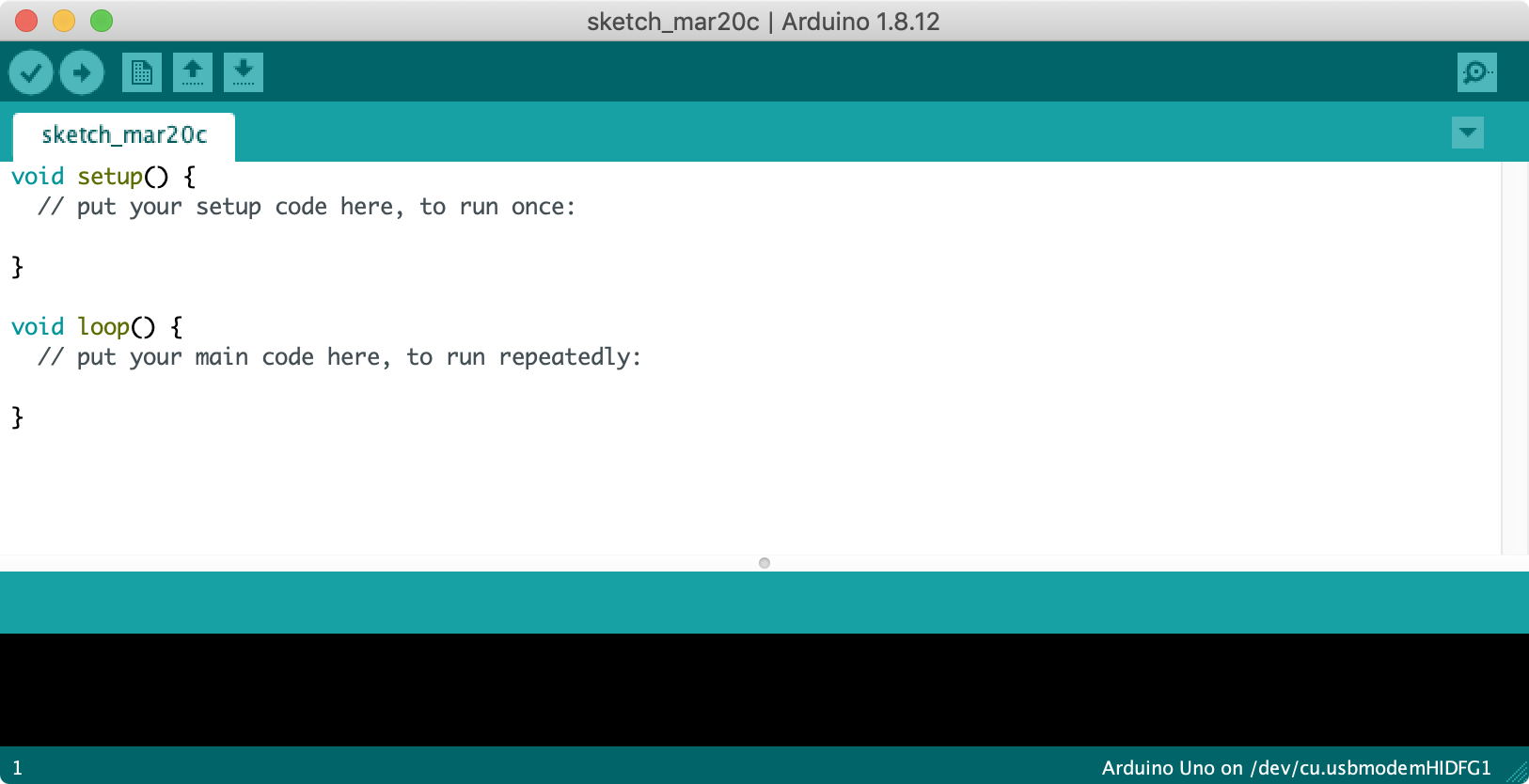 Screenshot of the Arduino IDE showing a new empty sketch