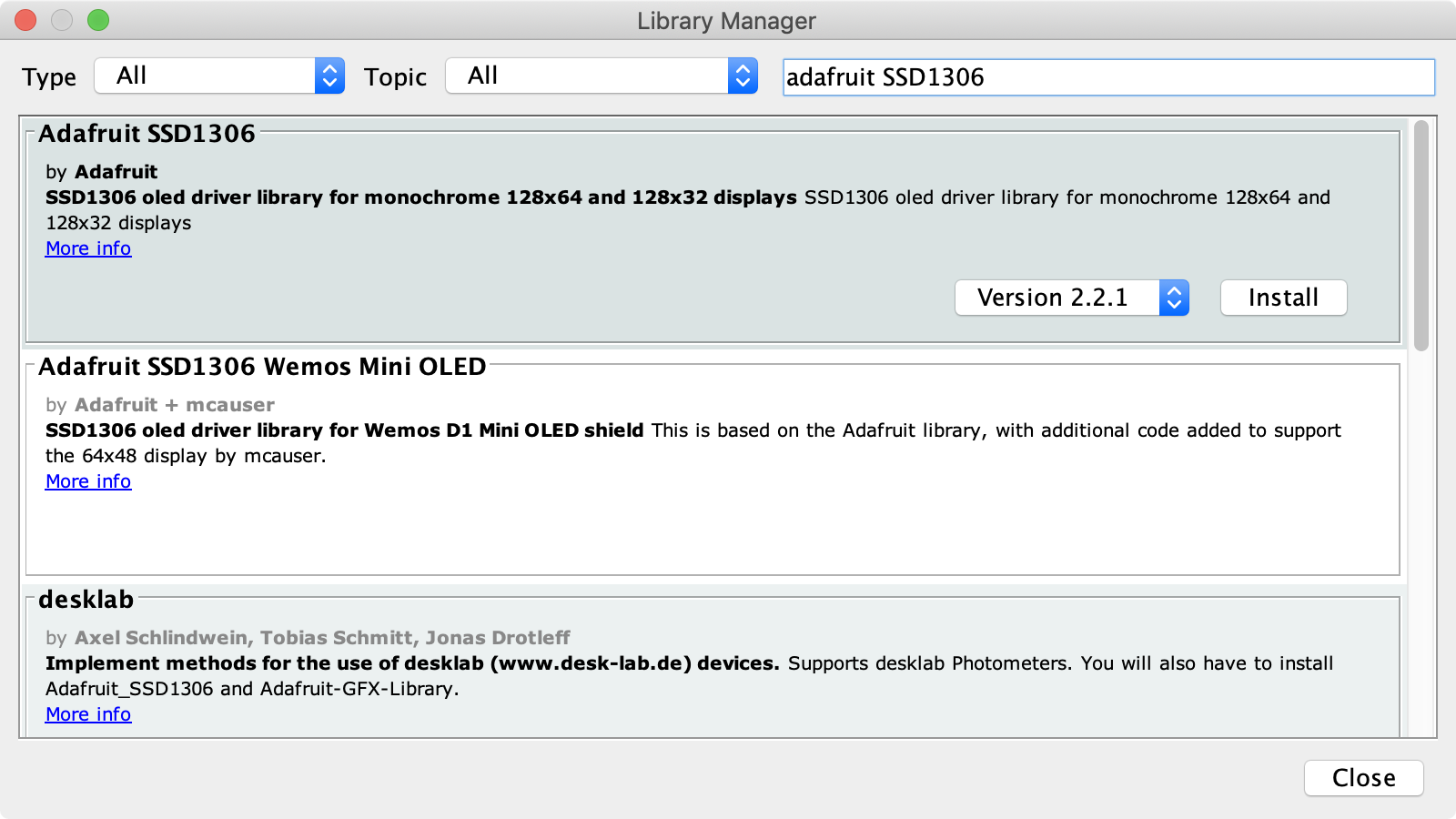 Screenshot searching for Adafruit SSD1306 library in Arduino IDE Library Manager