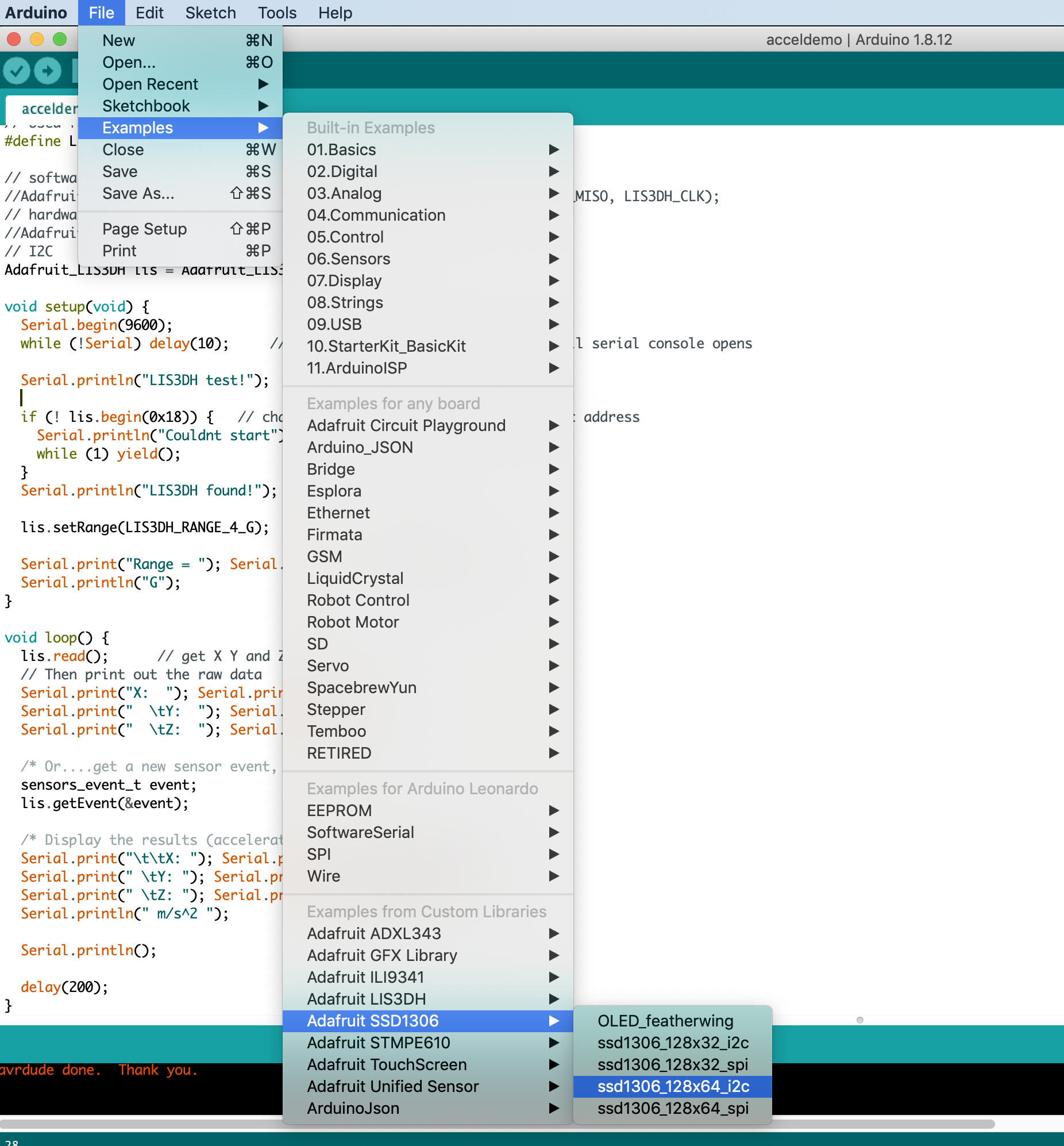 Screenshot of using Arduino IDE file menu to load the SSD1306 sample code