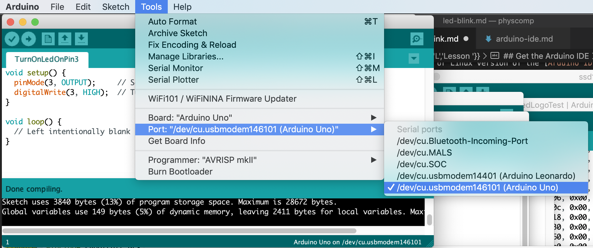 Screenshot showing how to select your Arduino port in the Arduino IDE by going to the file menu and then Tools->Port