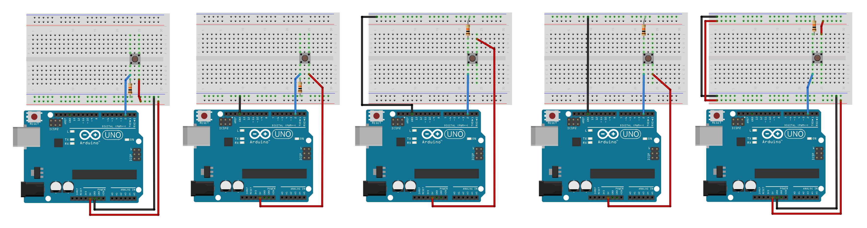 Five separate wiring diagrams of a pull-down resistor configuration with a button wired to Pin 2 on the Arduino Uno