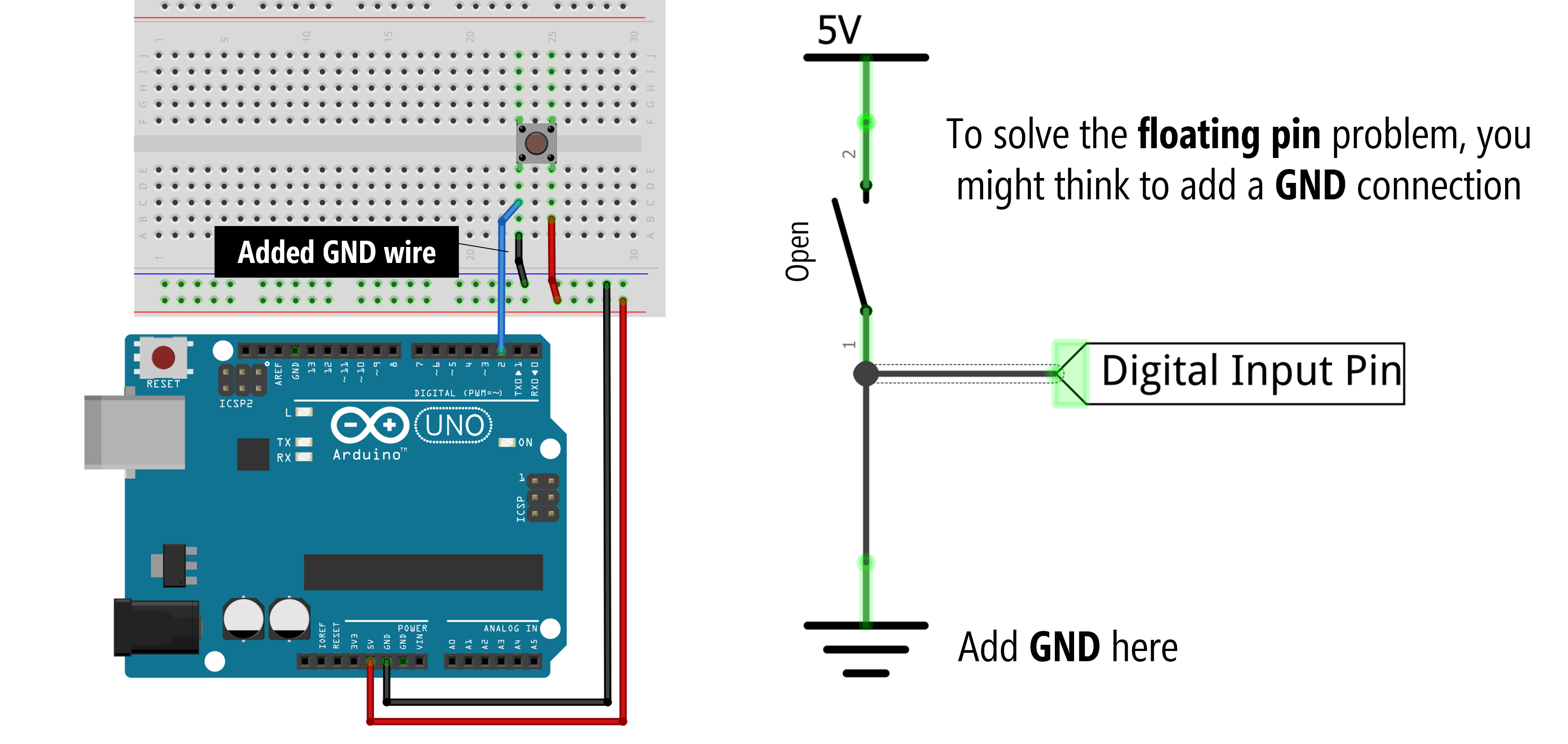 Circuit diagram showing an incorrect hookup which causes a short circuit when the button is pressed