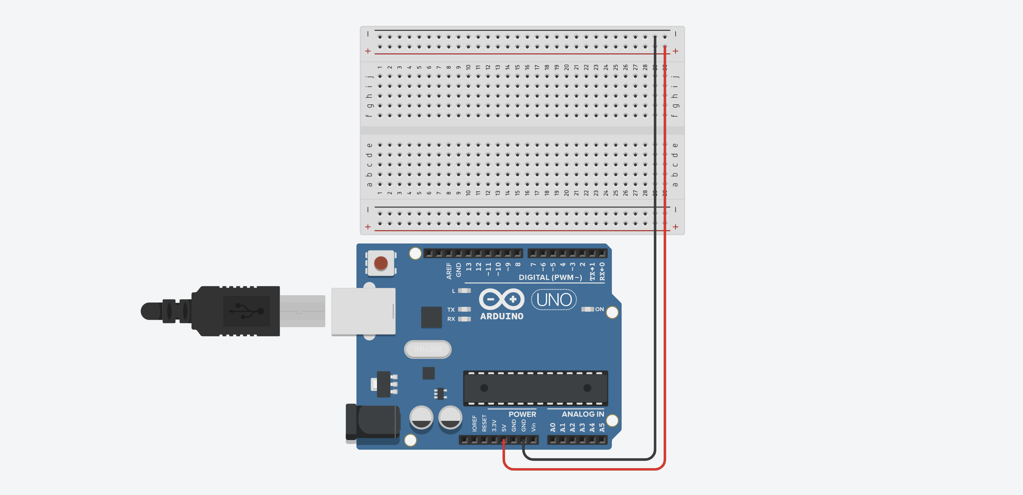 Diagram showing breadboard power and ground rails connected to the 5V and GND ports of the Arduino Uno