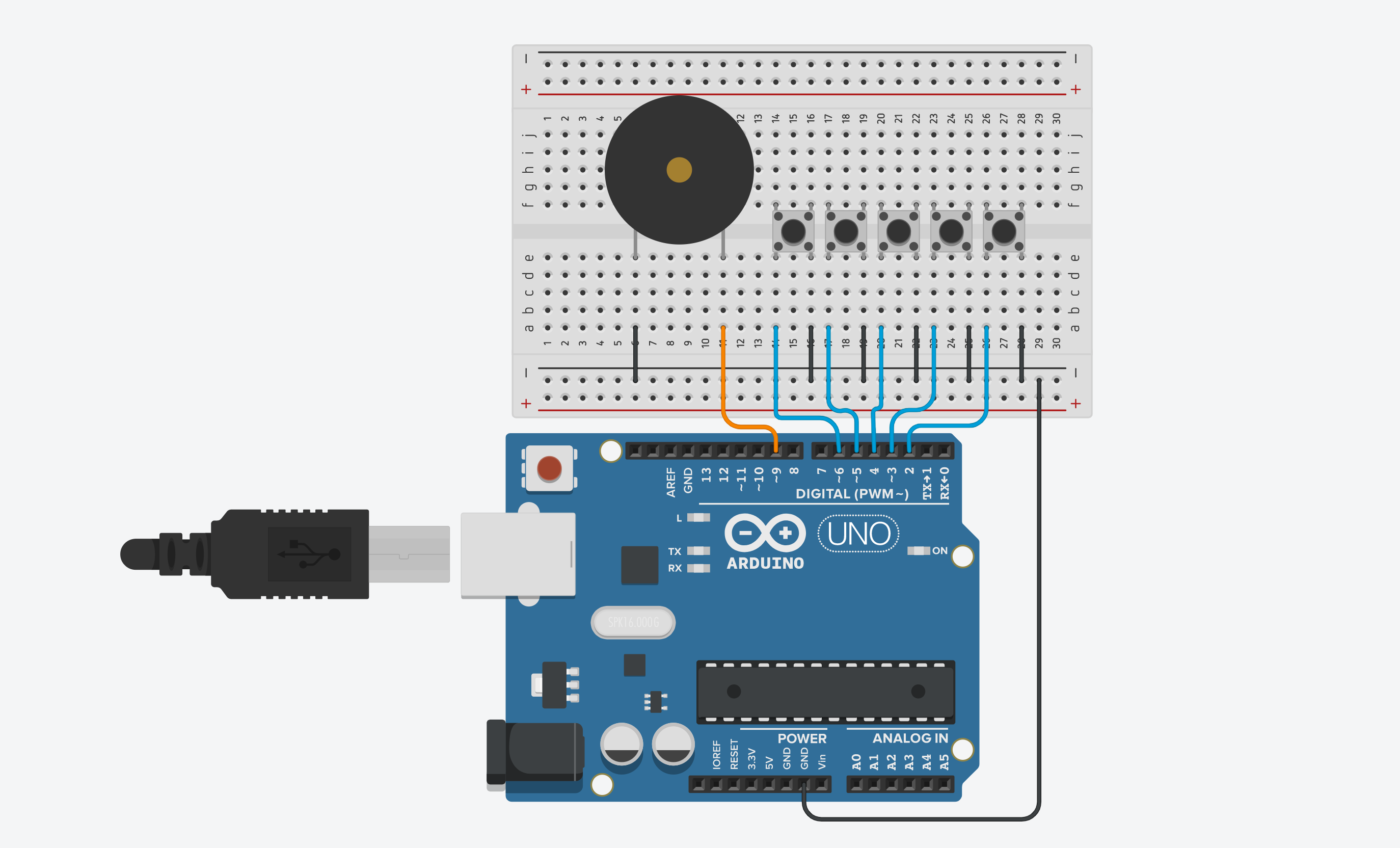 Tinkercad wiring diagram showing how to hook up the buttons and piezo speaker