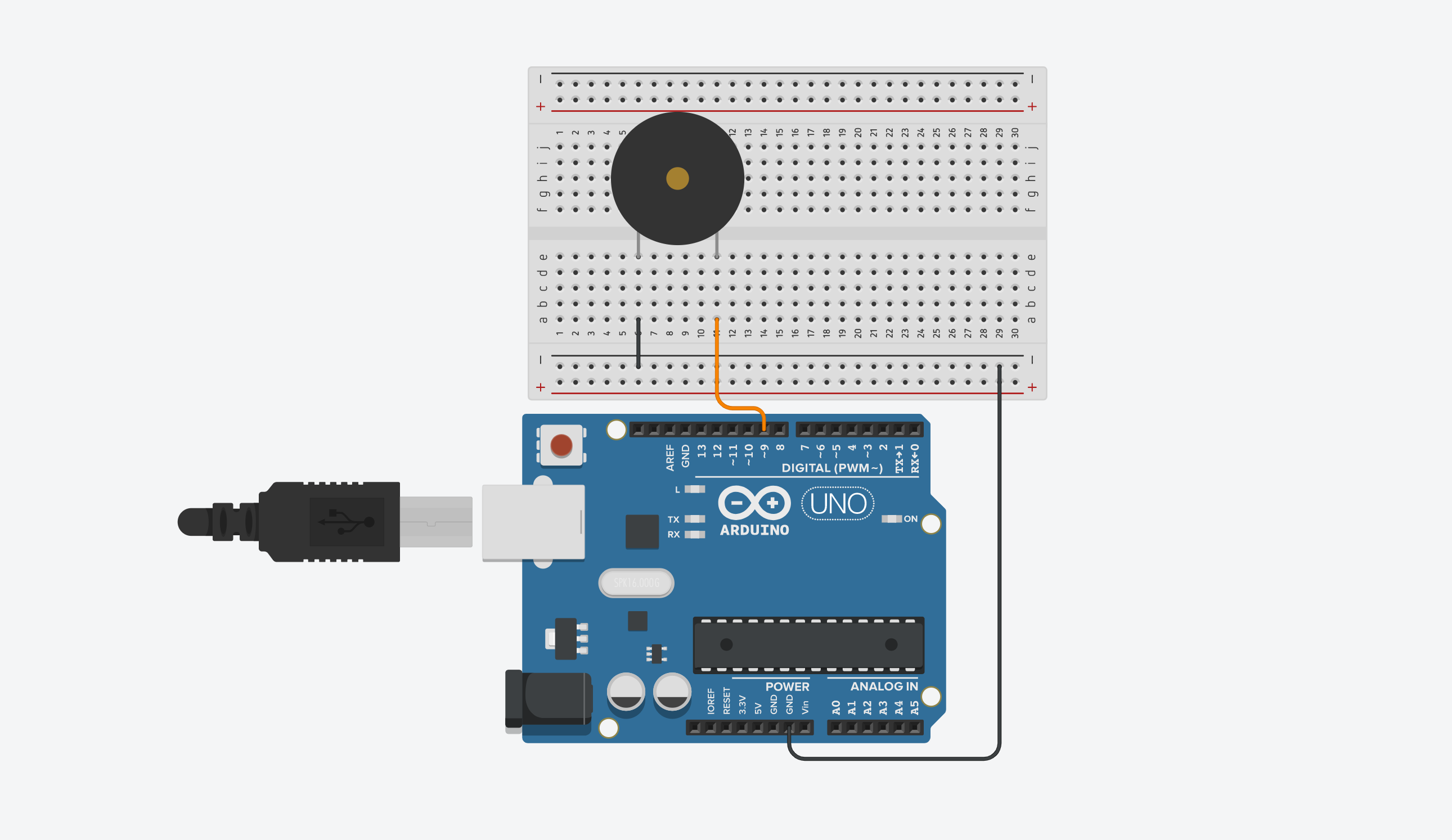 A Tinkercad diagram of the siren circuit showing one leg of the piezo buzzer hooked to Pin 9 and the other leg to ground