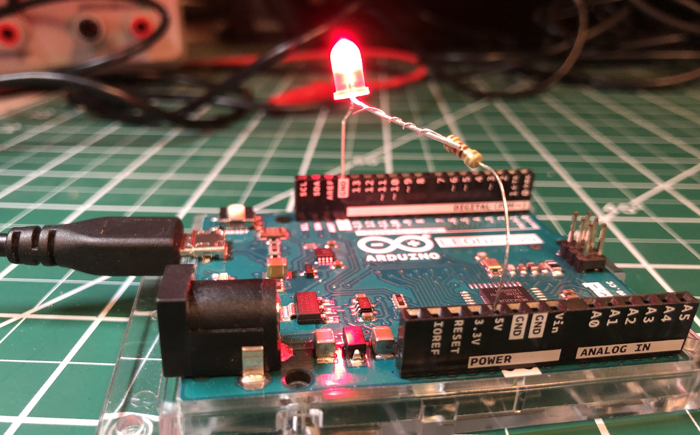 Workbench photo of the the LED wired to the 5V port