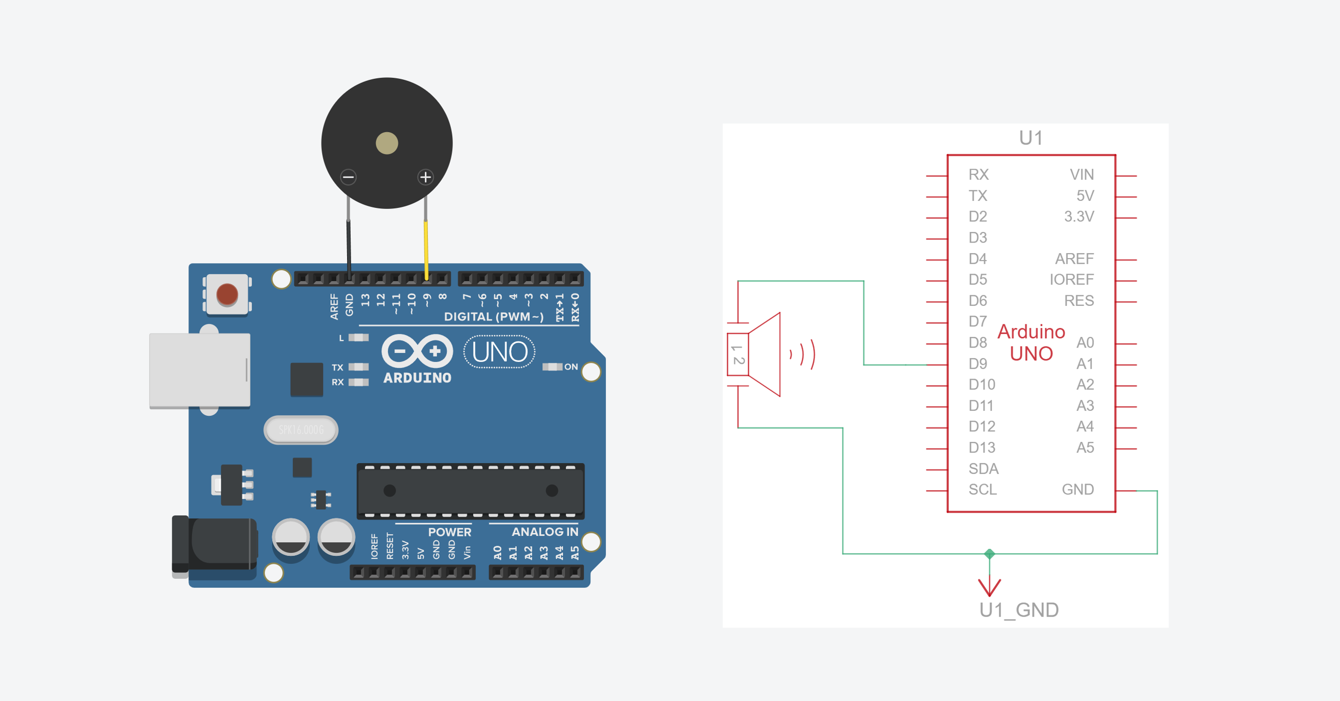 Wiring diagram showing a piezo buzzer connected between Pin 9 and GND on the Arduino