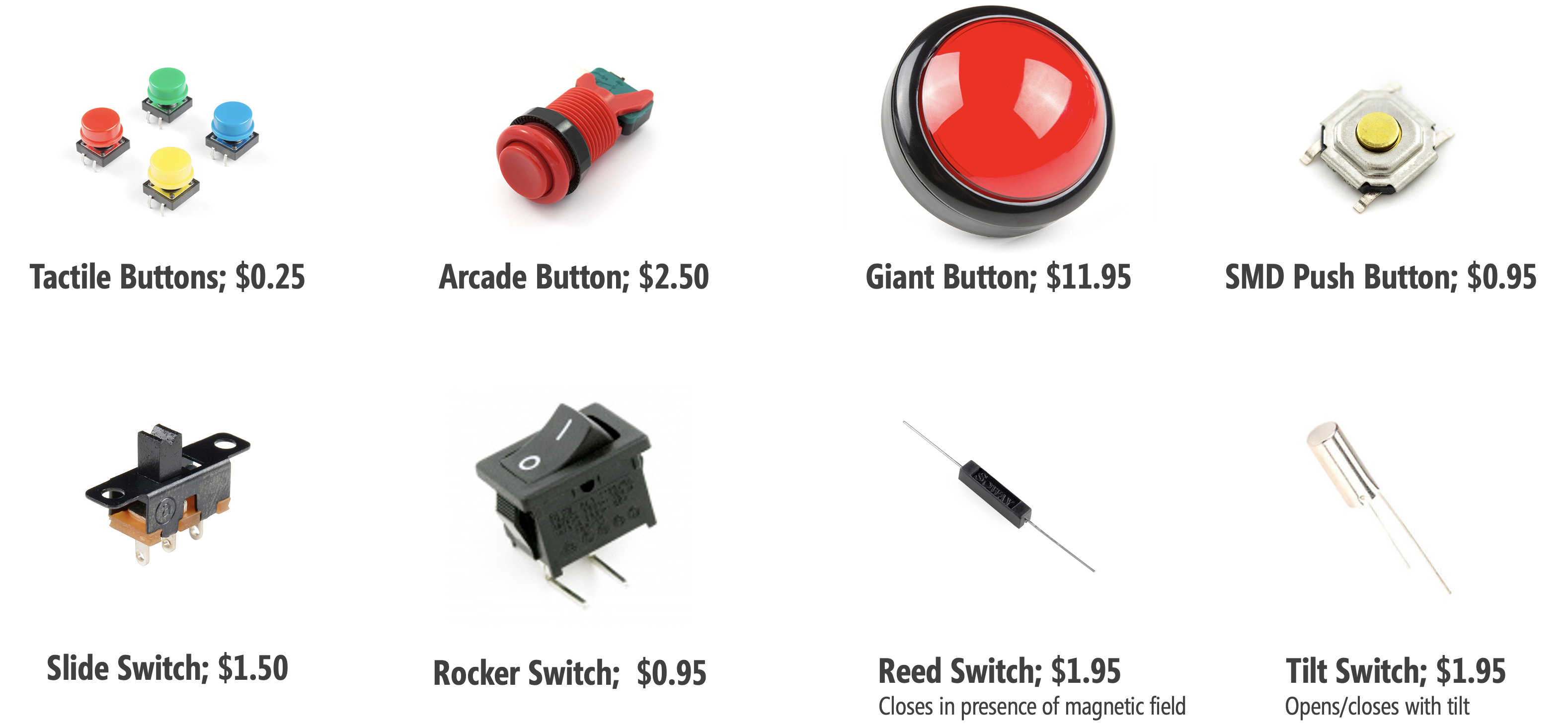 Picture showing a variety of digital inputs, including tactile buttons, arcade buttons, SMD push buttons, slide switches, rocker switches, reed switches, and tilt switches