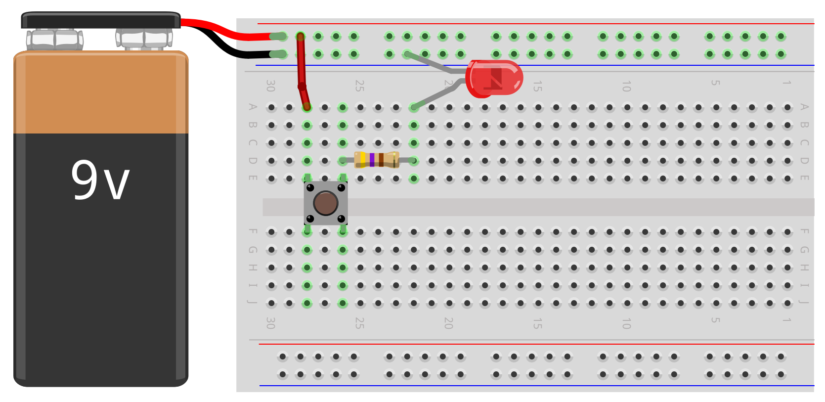 Four-legged button circuit with 9V battery