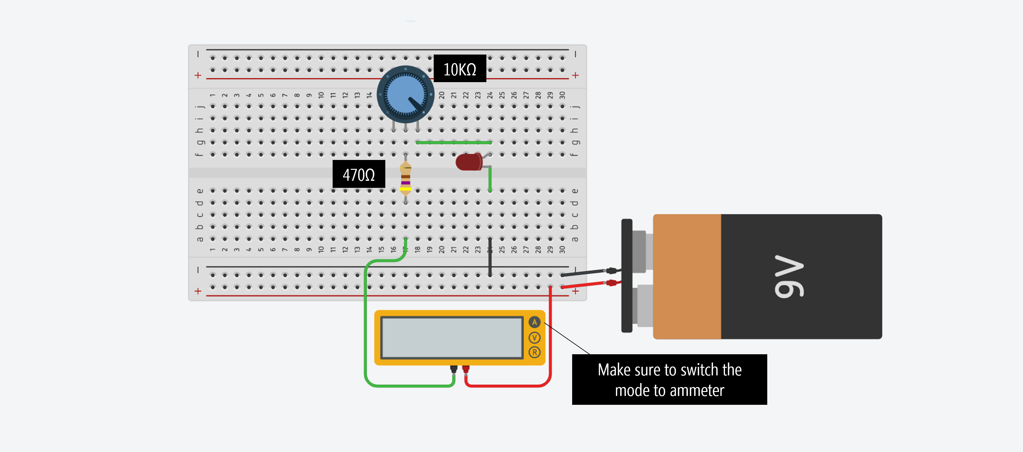 Tinkercad potentiometer circuit with ammeter in series