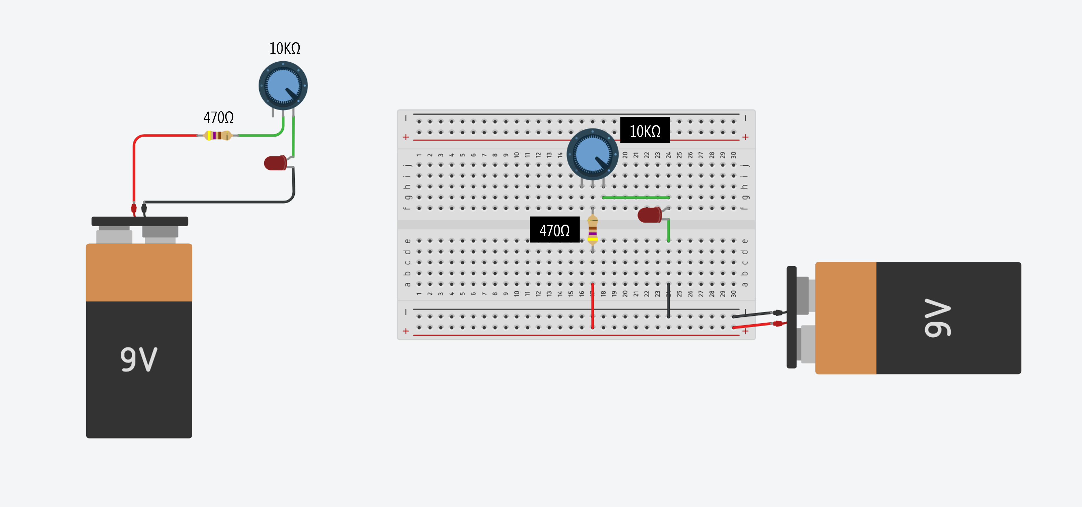 Wiring diagram of an LED-based circuit with a potentiometer for fading. 9V battery used for power