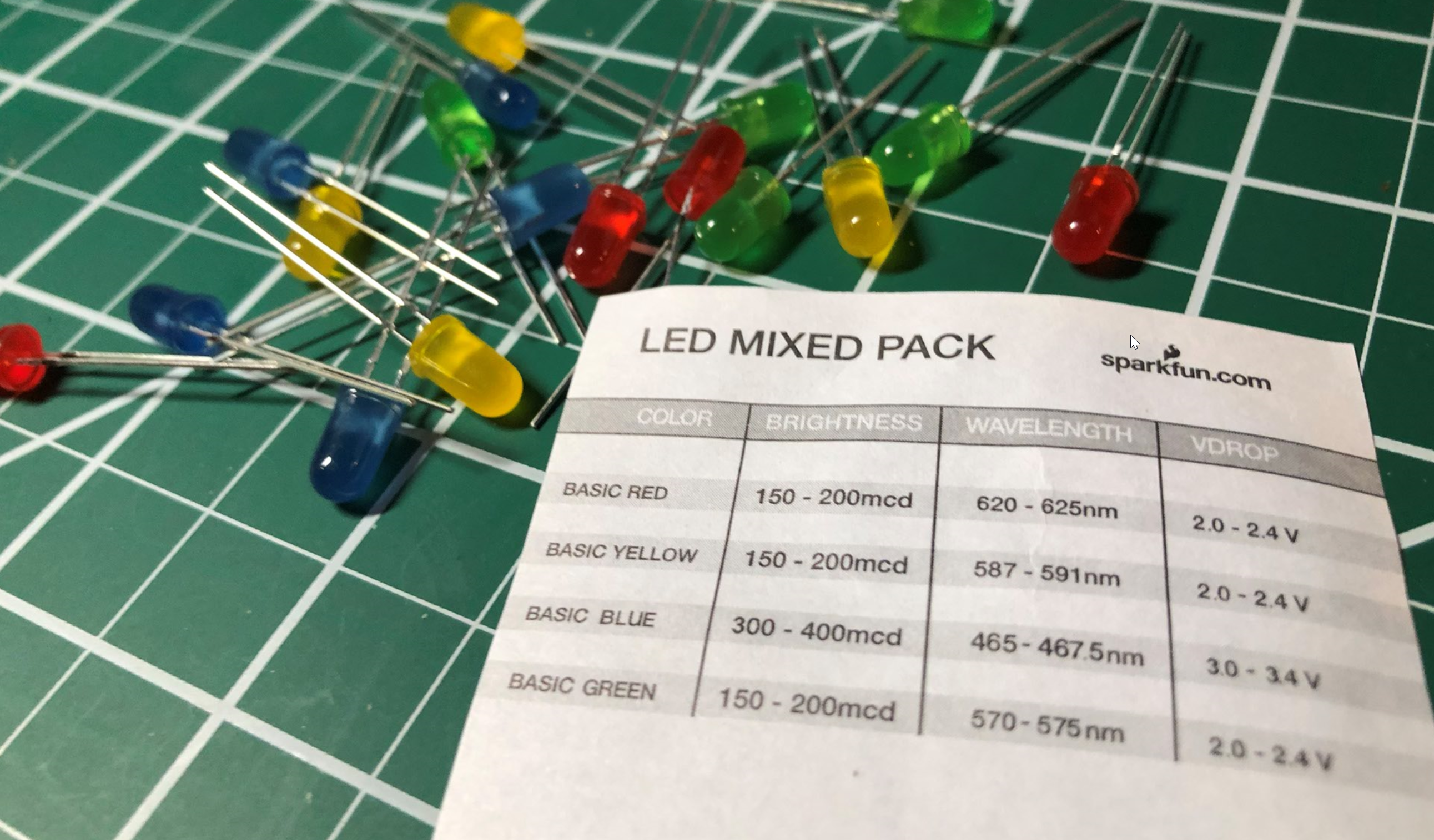 Image of the Sparkfun multi-color LED pack showing different Vfs for the different LED colors