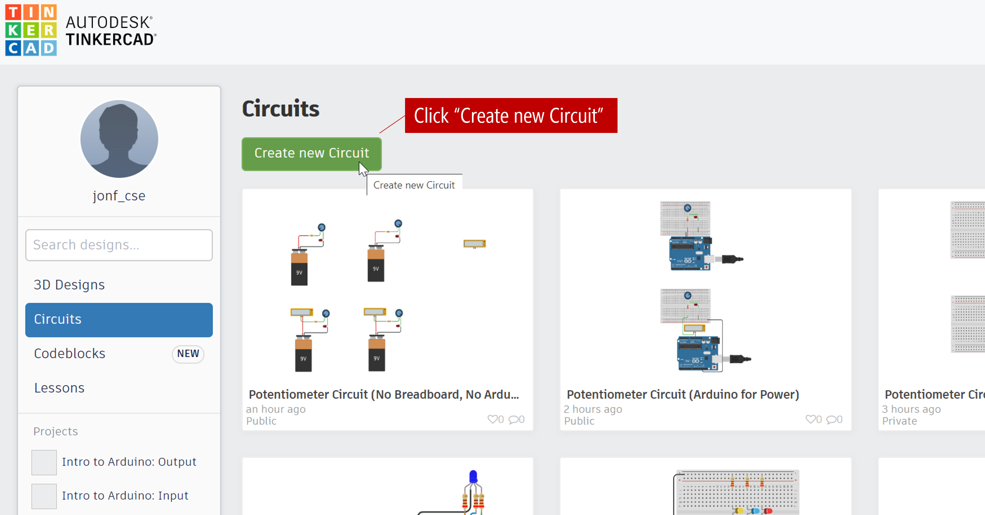 Screenshot of Tinkercad's dashboard with "create new circuit button"