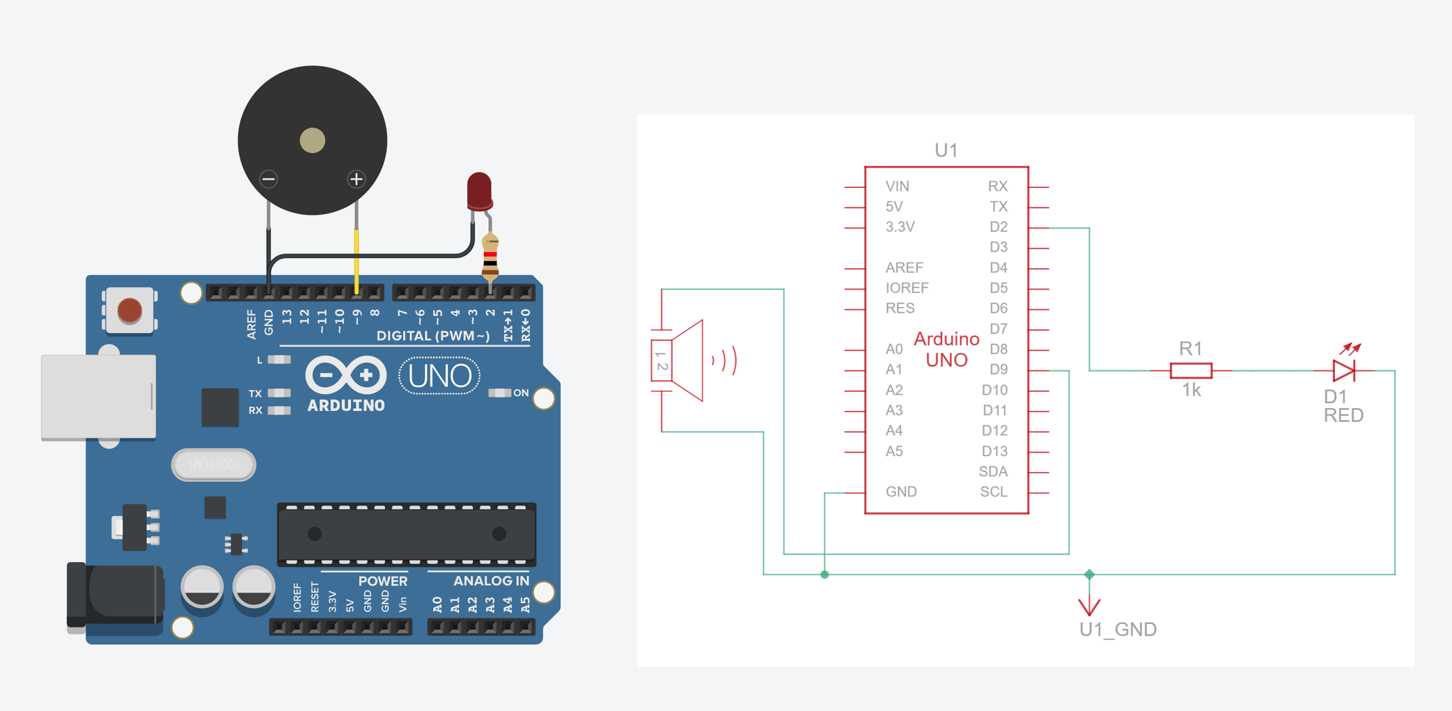 Tinkercad screenshot showing a simple siren circuit with a piezo buzzer and LED on an Arduino Uno