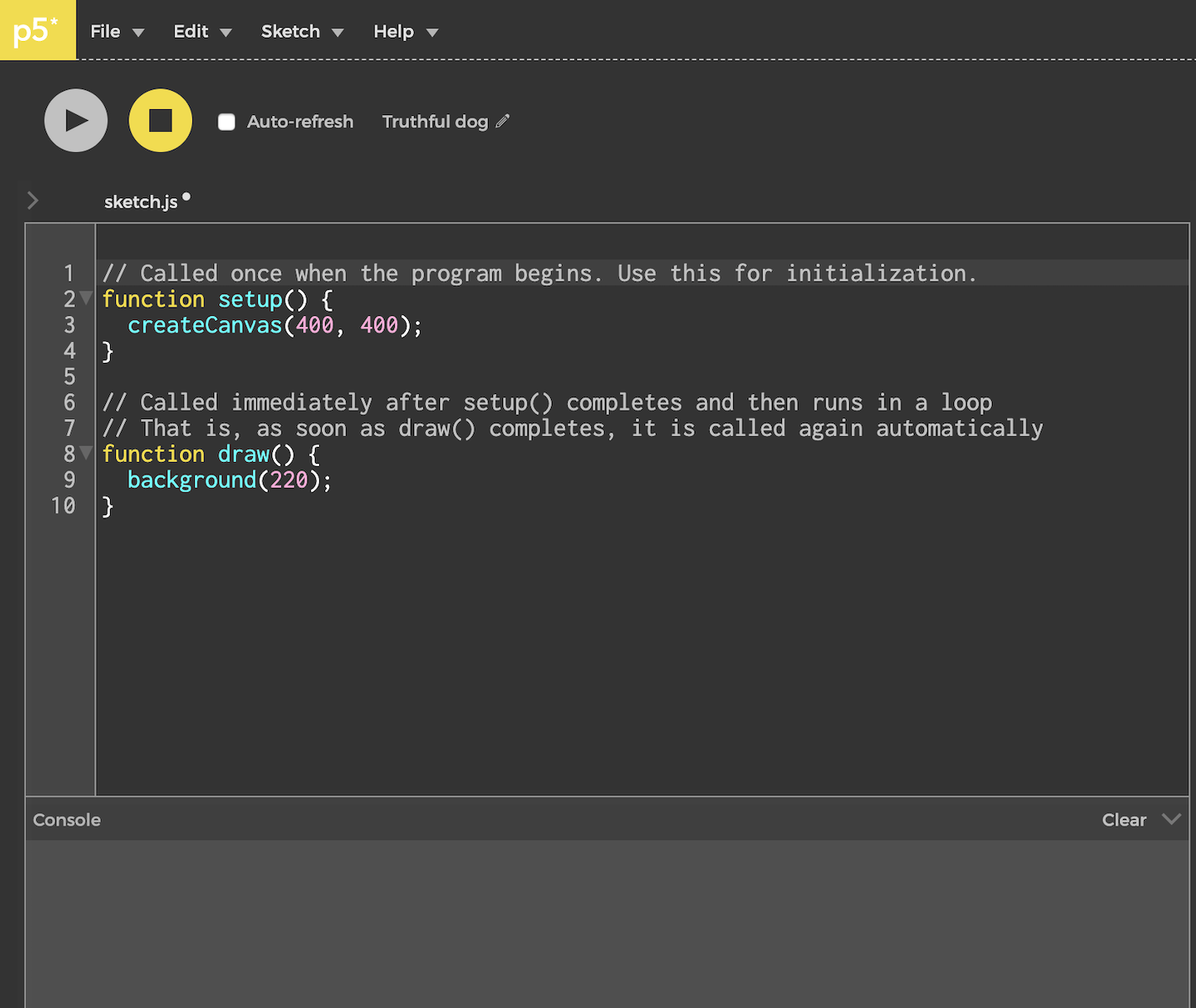Screenshot of p5js IDE