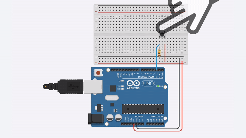 Animation showing a Arduino Uno and a button hooked up to Pin 2 with a pull-down resistor configuration. When the button is pressed, the animation shows the current going from Vcc through the button and down through the pull-down resistor
