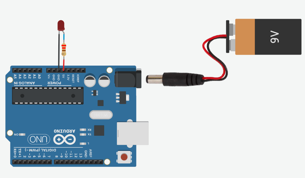 Animation showing a 9V battery plugging into an Arduino Uno to power an LED + resistor hooked up to 5V and GND