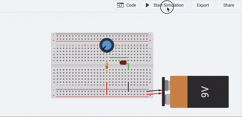 Animation of the LED-based circuit with potentiometer working in the Tinkercad simulator