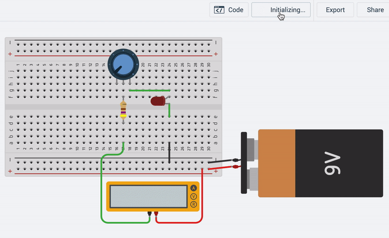 Animation of the LED-based circuit with potentiometer and ammeter working in the Tinkercad simulator