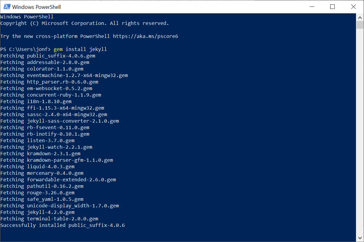 Screenshot of the gem install jekyll command