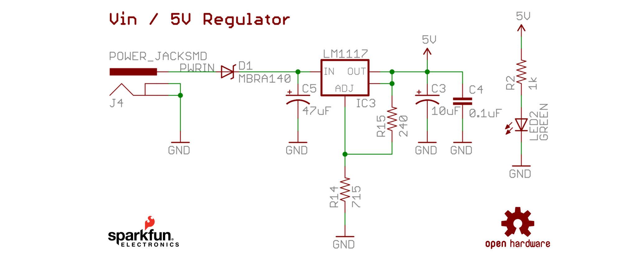 A circuit diagram of the 5V regulator on the RedBoard
