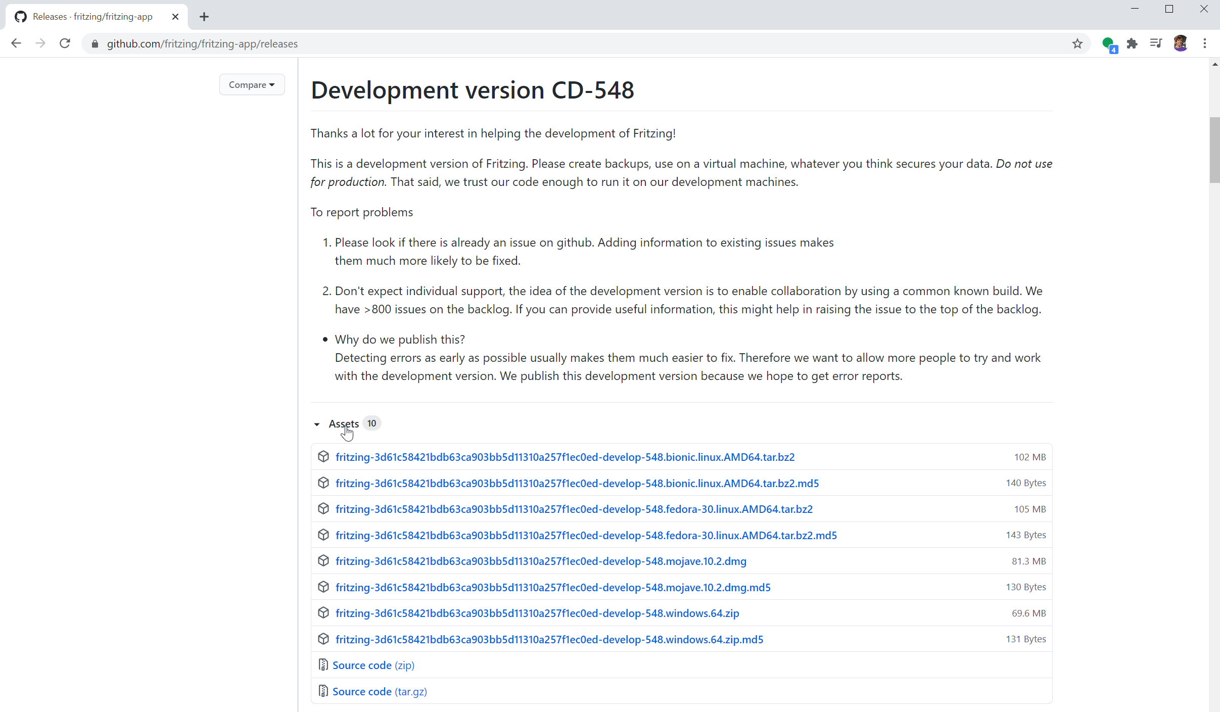 Screenshot of the GitHub releases page for Fritzing
