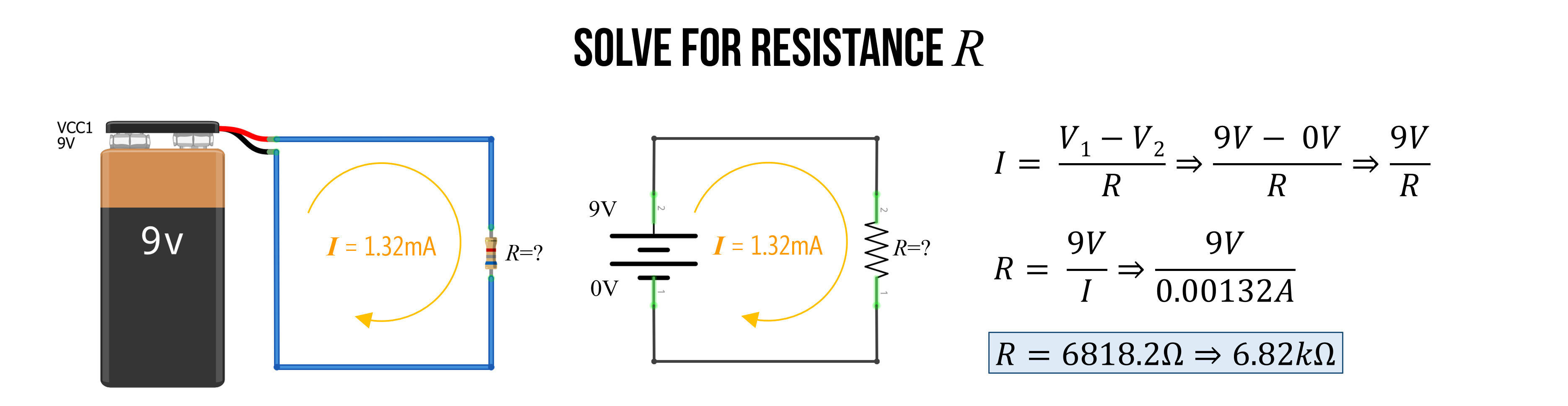 Diagram shows a similar circuit as before but with an unknown resistance R and a known voltage (V=9V) and a known current (I=50mA) . Given this information, we can use R = V / I to solve for R. So, R = 9V/50mA => 6.82kΩ