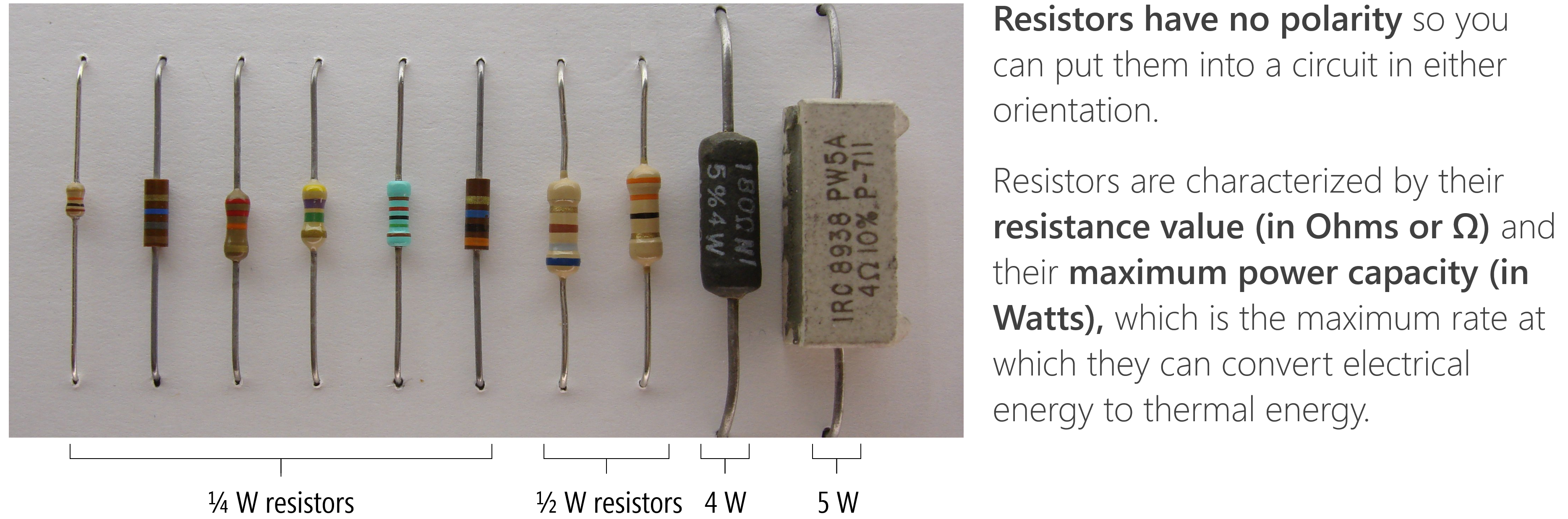 An image of multiple resistors showing 1/4W resistors, 1/2W resistors, and 4W and 5W resistors. Typically, resistors with higher power capacity ratings are bigger