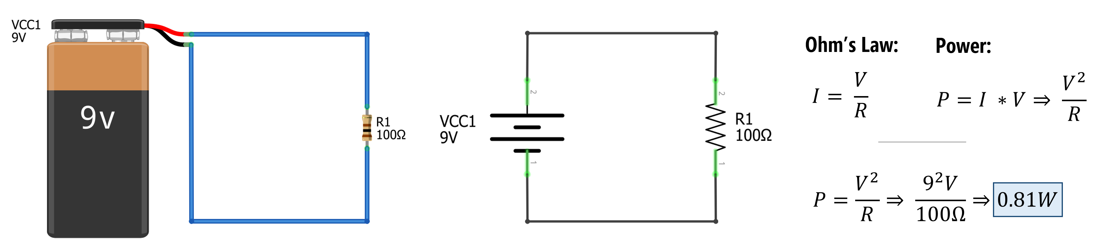 A simple circuit with a 9V battery and a 100Ω resistor showing the equation for power P = IV