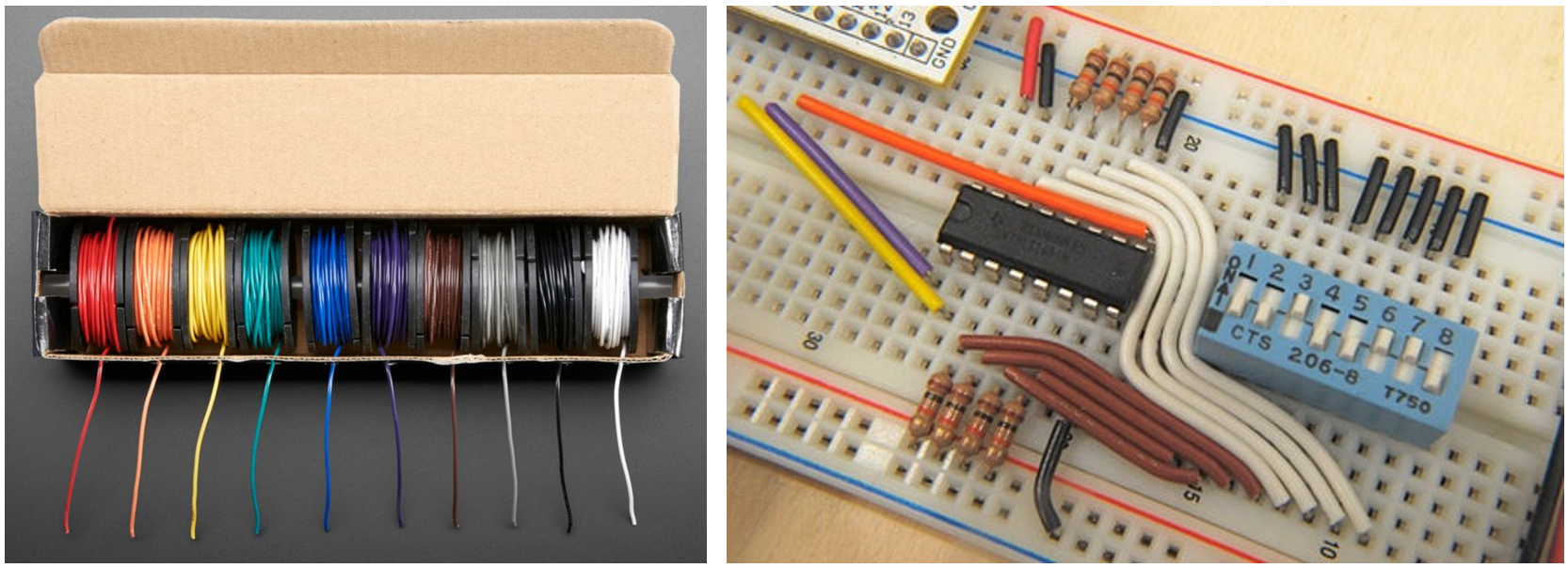 A picture of a box of AWG circuit prototyping wire and a complementary image showing that wire being used in a breadboard