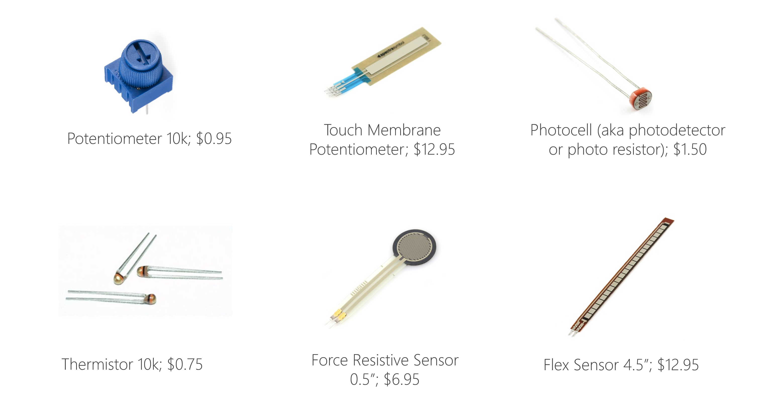 Grid of images showing different types of variable resistors, including: potentiometers, touch membranes, photocells, thermistors, force-sensitive resistors, and flex sensors