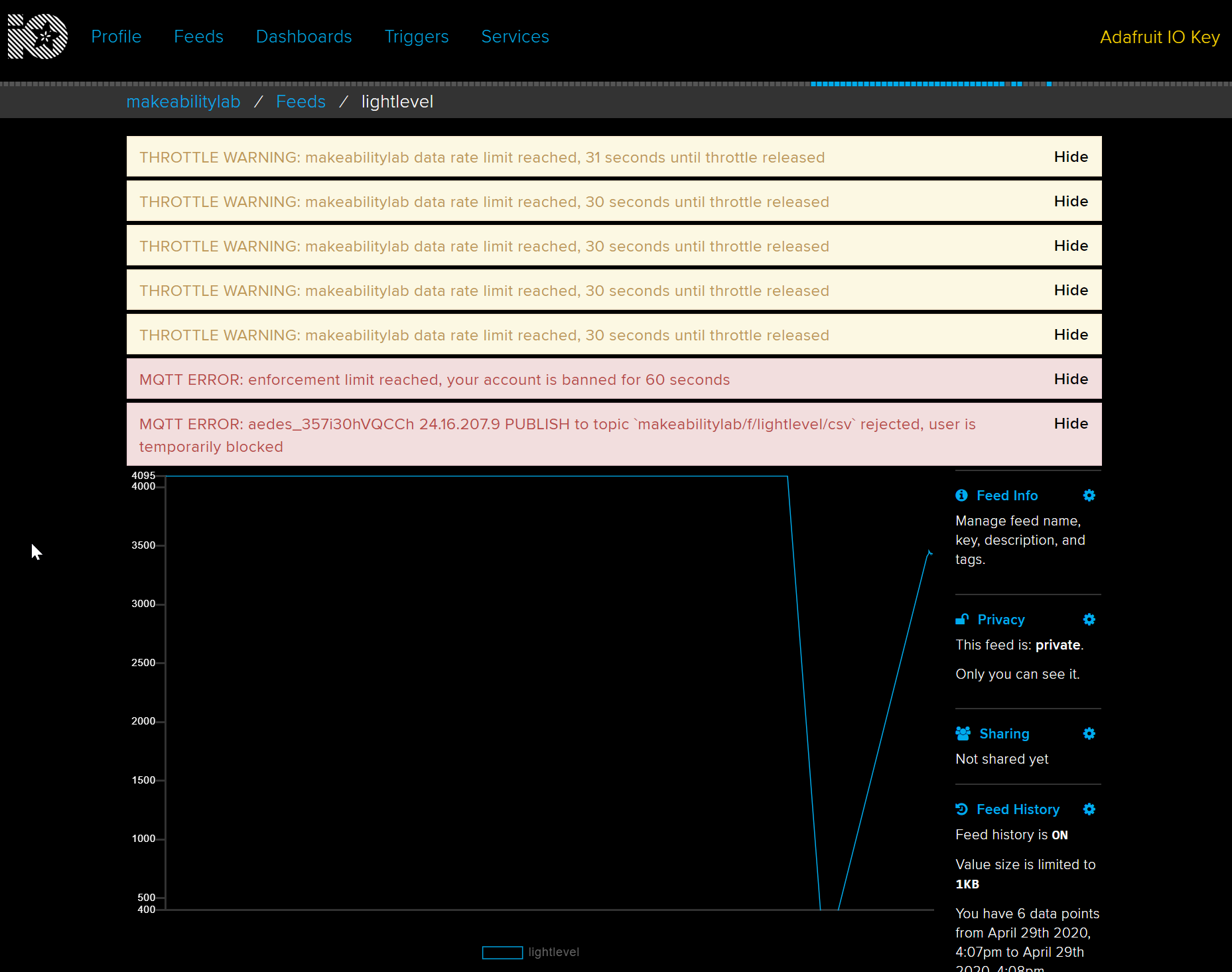 Screenshot of Adafruit IO warning about throttling uploads