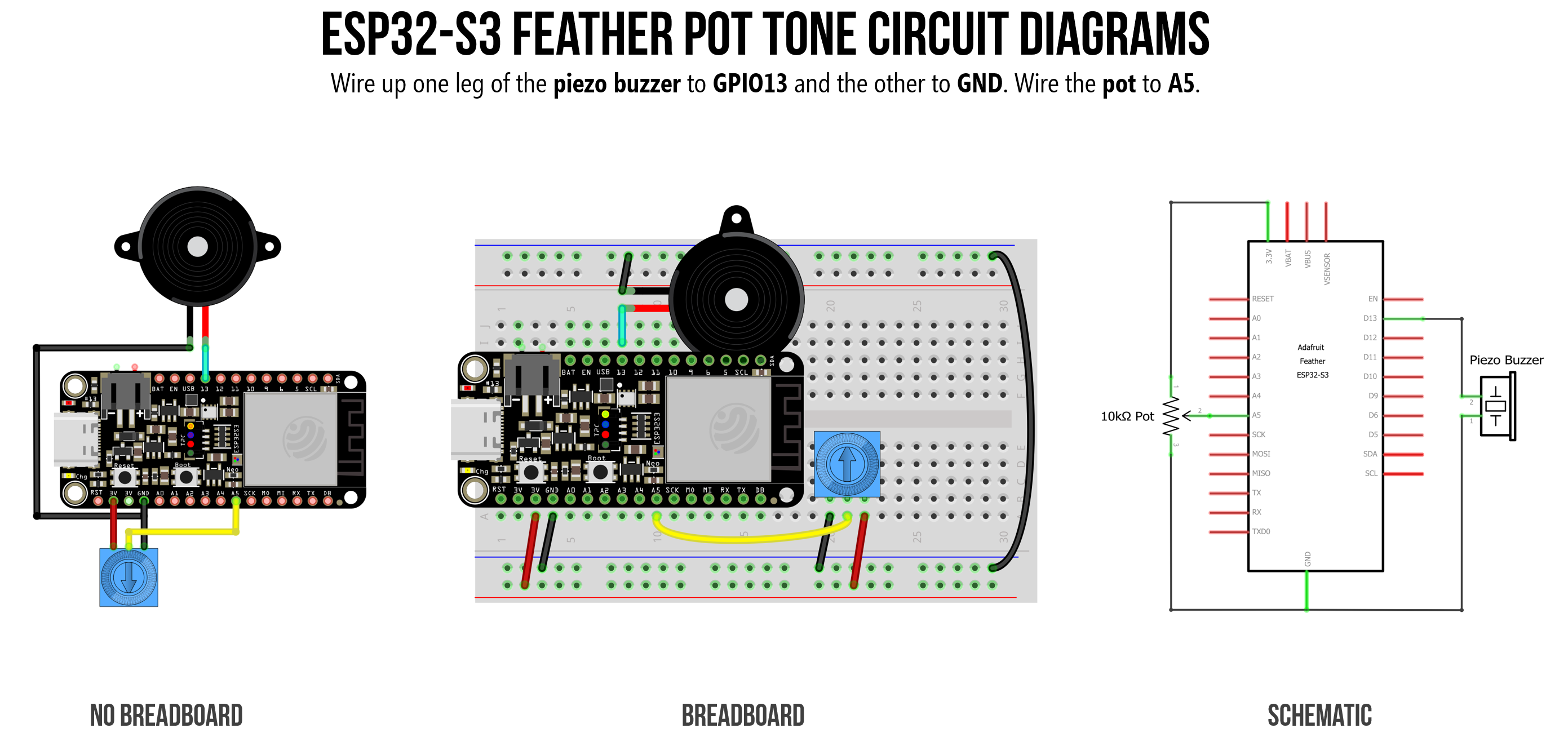 Circuit diagram showing a pot hooked up to A5 and piezo buzzer connected to GPIO pin 13 on the ESP32-S3