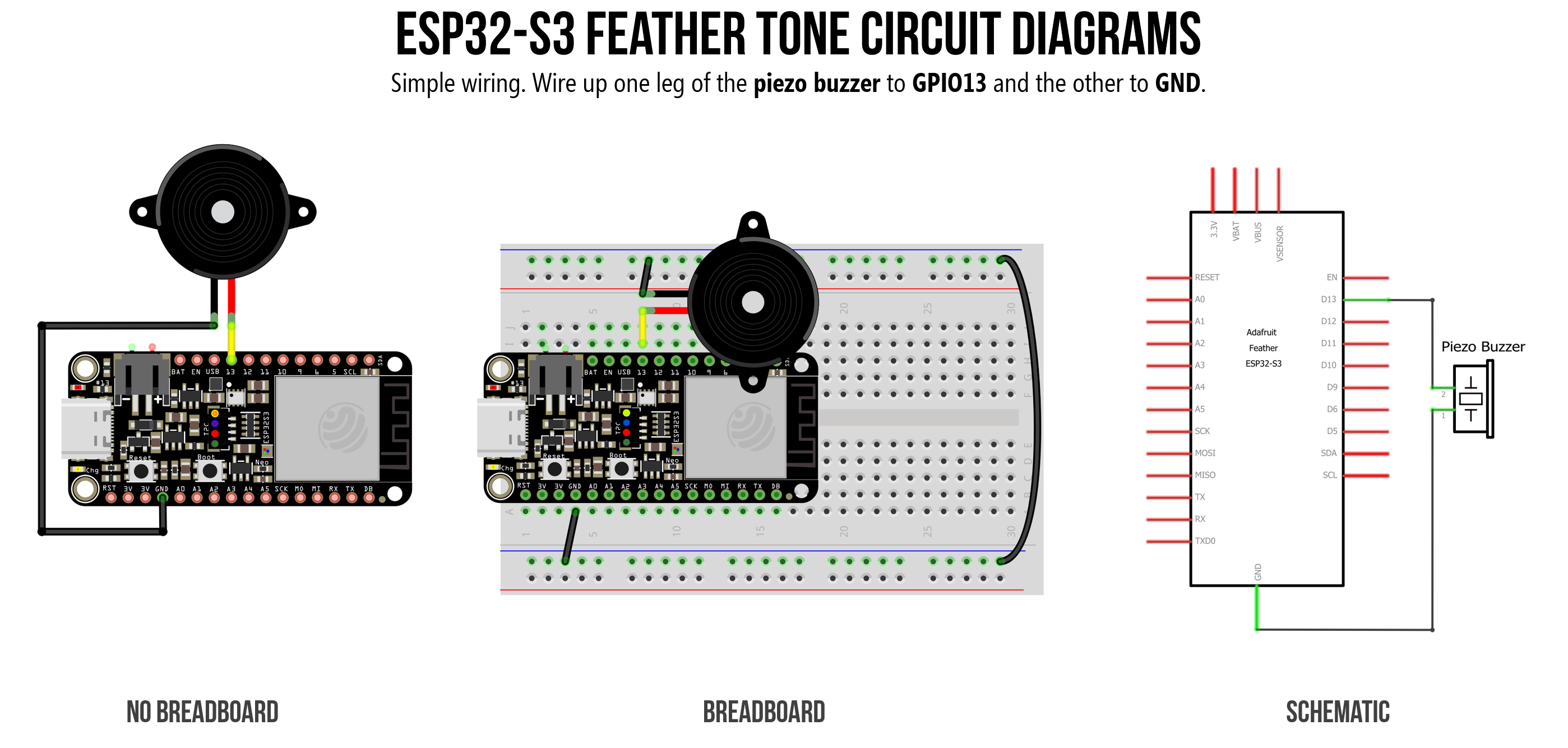 Circuit diagram showing a piezo buzzer connected to a GPIO pin on the ESP32-S3