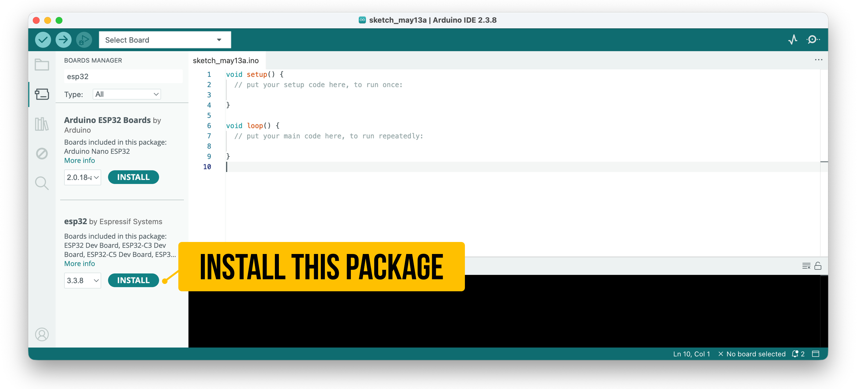 Screenshot of Boards Manager in Arduino IDE 2.3.8 showing both ESP32 packages