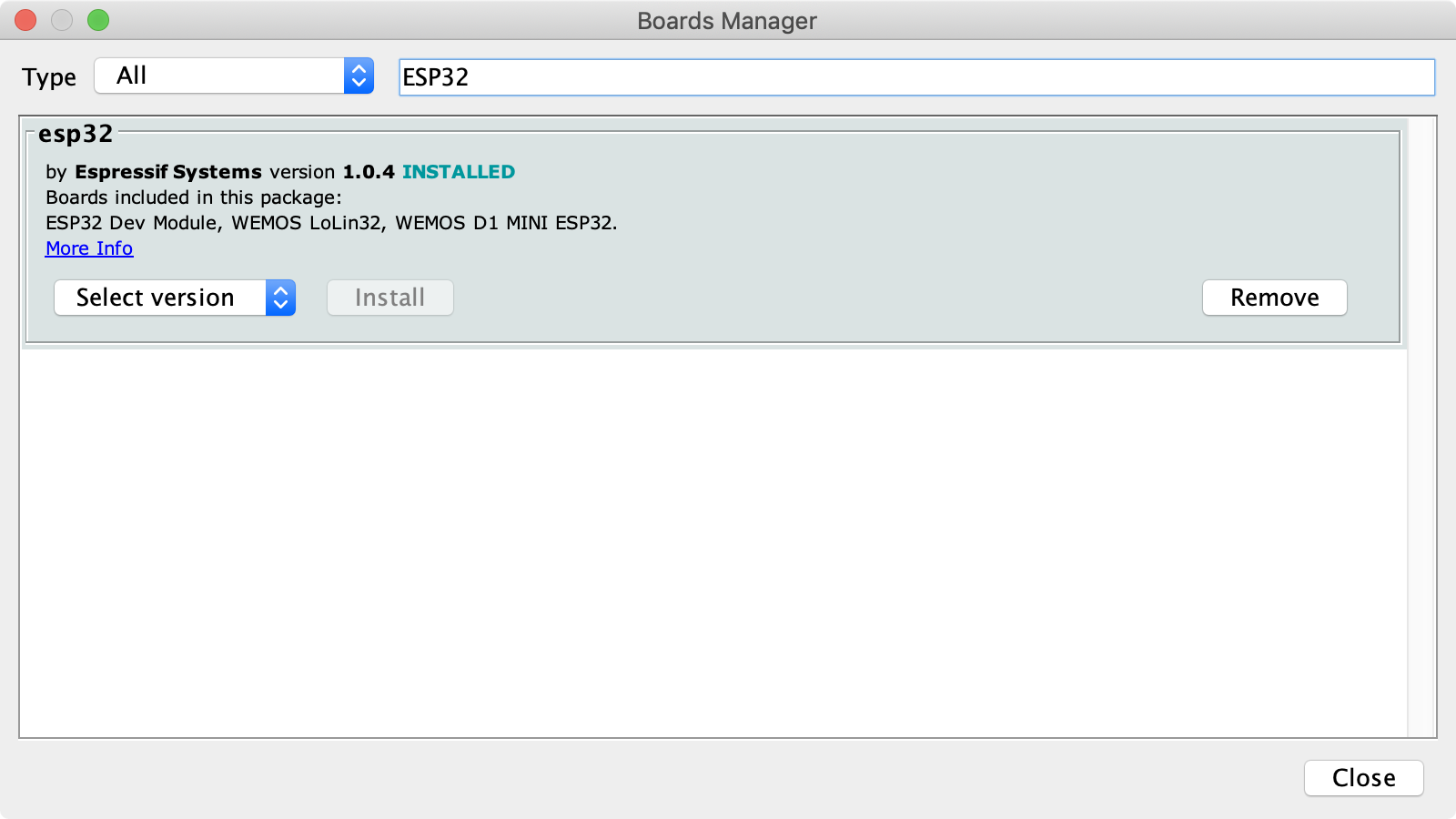 Screenshot showing ESP32 added to board manager
