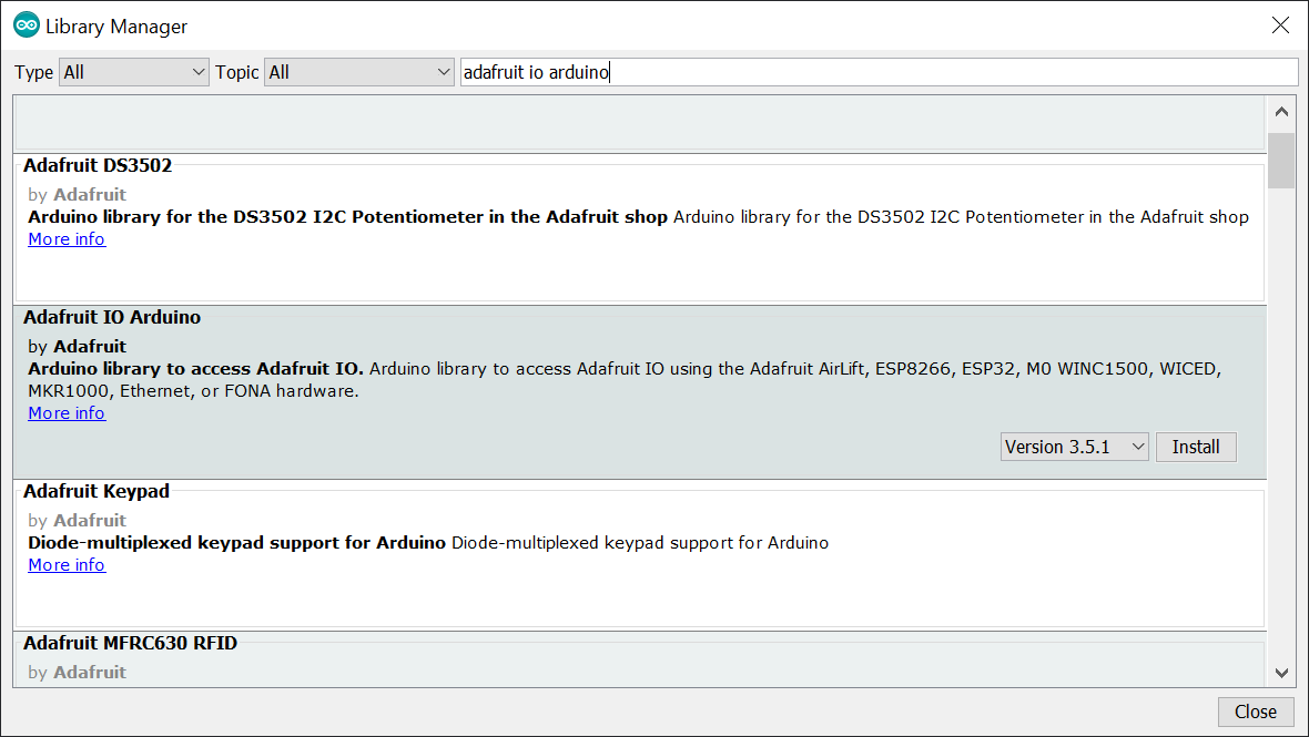 Screenshot of Library Manager showing Adafruit IO Arduino