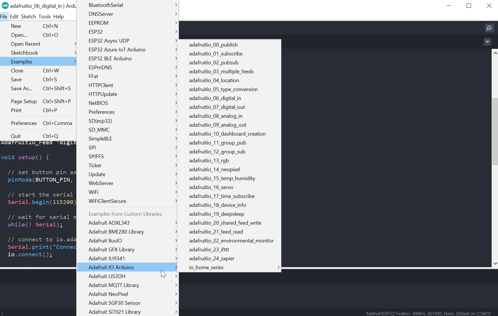 Screenshot of Arduino IDE showing where to find the Adafruit IO examples