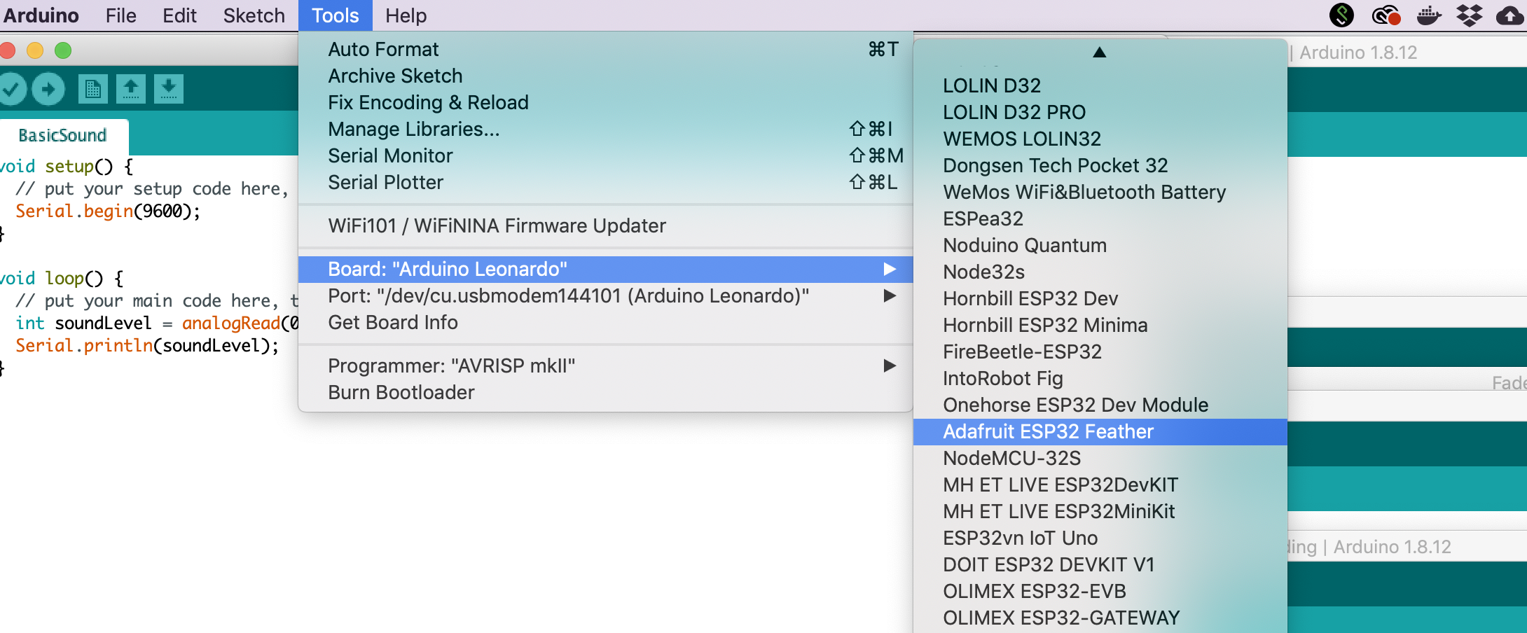 Screenshot showing how to select the Adafruit ESP32 in the Board Manager menu